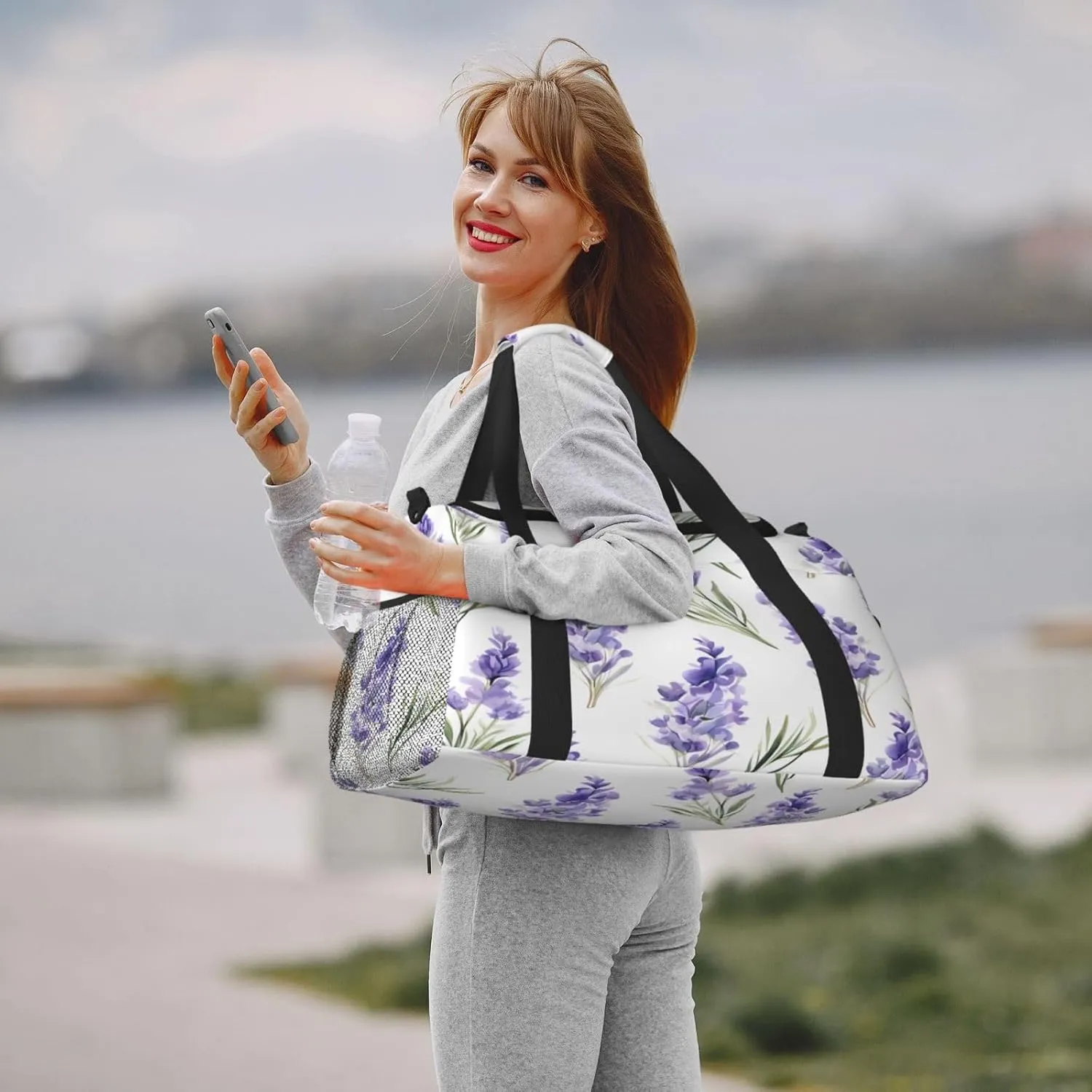 Travel Duffel Bag For Men Women, Purple Lavender Flowers Pattern Carry On Sport Gym Bag With Shoulder Strap Lightweight Waterproof Weekender Bag Overnight Bag