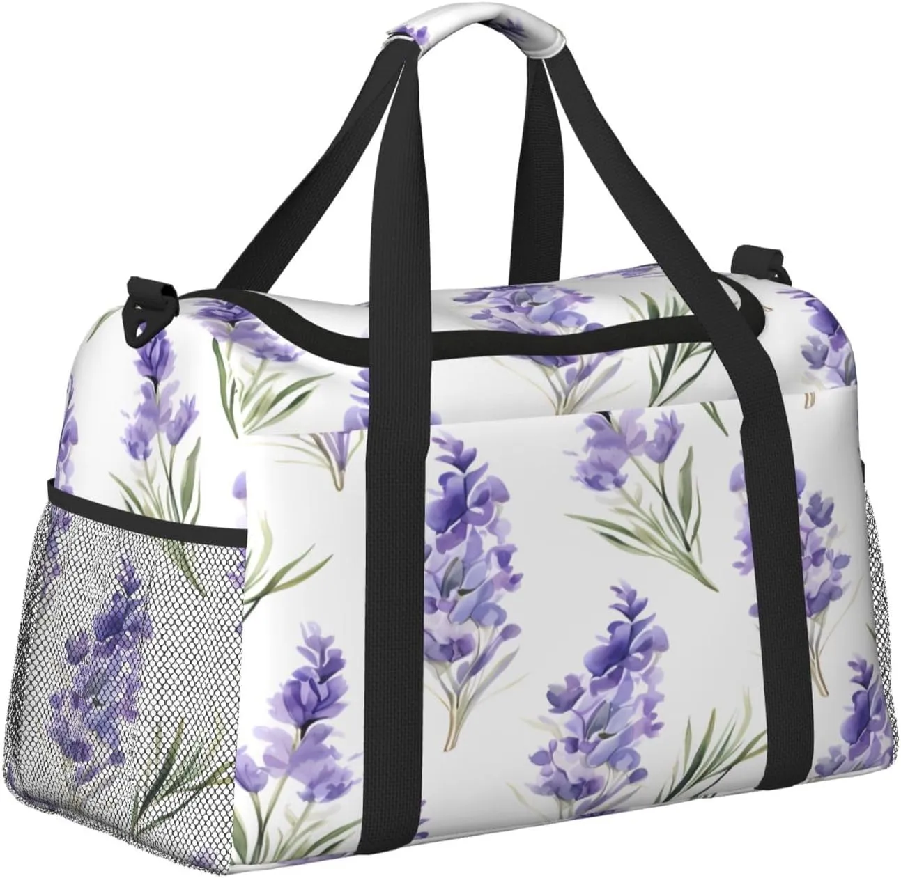 Travel Duffel Bag For Men Women, Purple Lavender Flowers Pattern Carry On Sport Gym Bag With Shoulder Strap Lightweight Waterproof Weekender Bag Overnight Bag