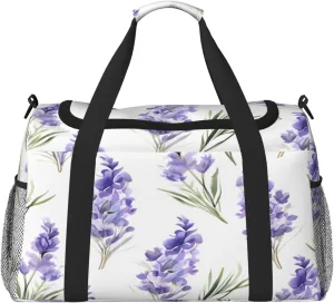 Travel Duffel Bag For Men Women, Purple Lavender Flowers Pattern Carry On Sport Gym Bag With Shoulder Strap Lightweight Waterproof Weekender Bag Overnight Bag