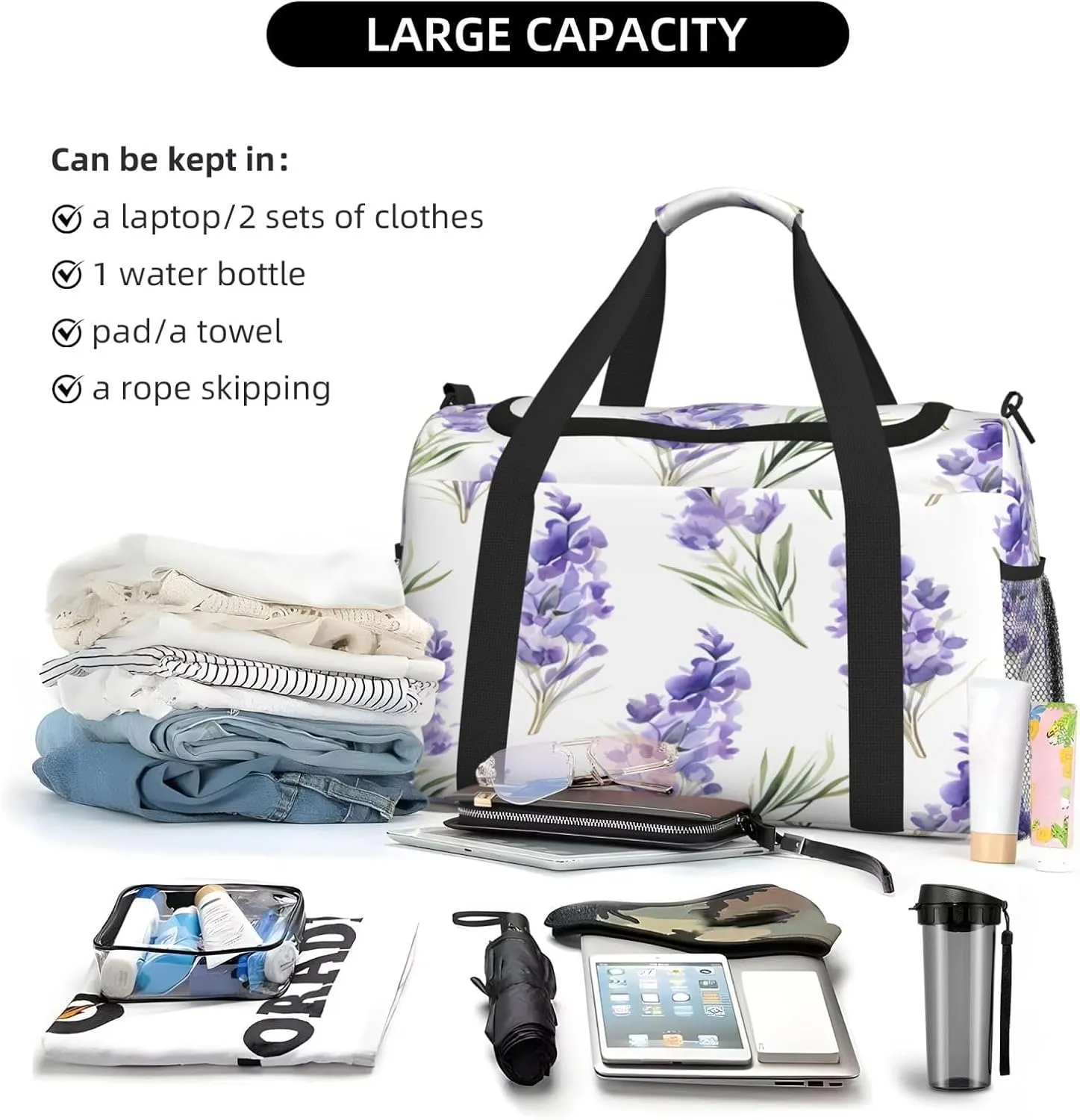 Travel Duffel Bag For Men Women, Purple Lavender Flowers Pattern Carry On Sport Gym Bag With Shoulder Strap Lightweight Waterproof Weekender Bag Overnight Bag