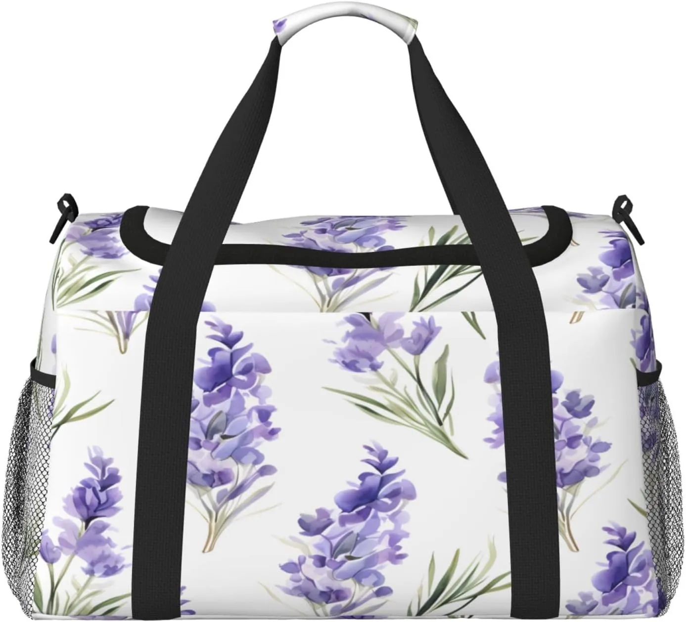 Travel Duffel Bag For Men Women, Purple Lavender Flowers Pattern Carry On Sport Gym Bag With Shoulder Strap Lightweight Waterproof Weekender Bag Overnight Bag