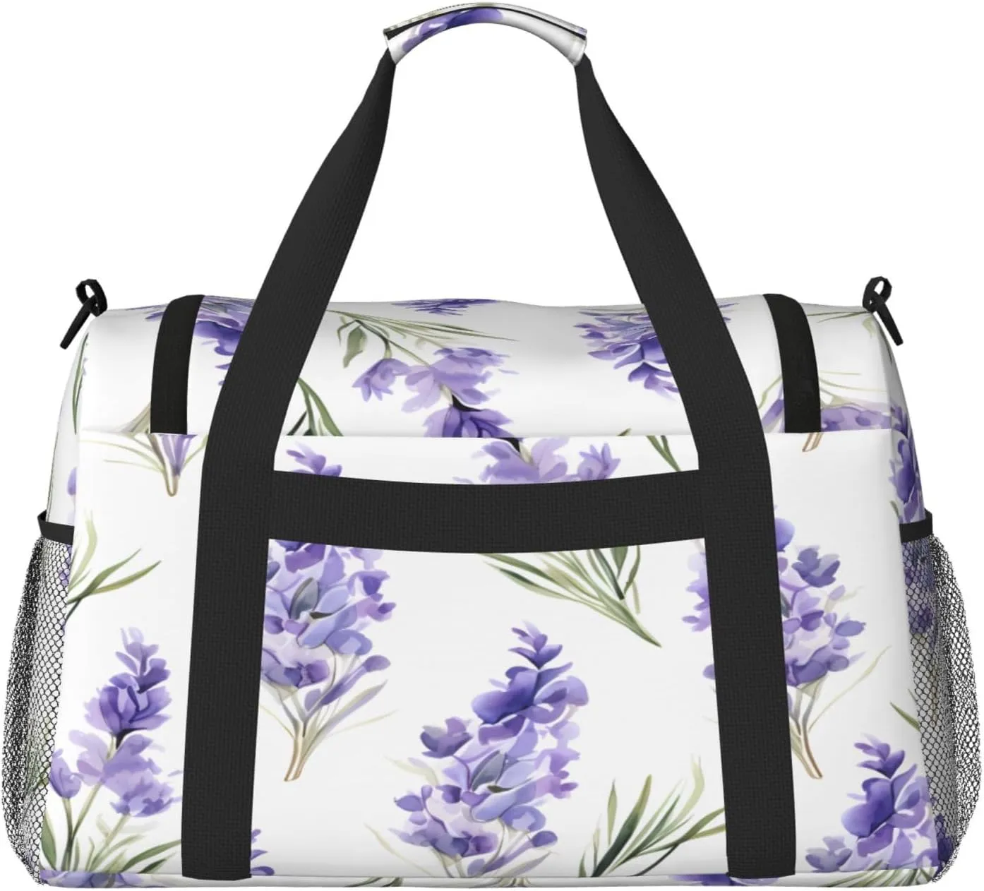 Travel Duffel Bag For Men Women, Purple Lavender Flowers Pattern Carry On Sport Gym Bag With Shoulder Strap Lightweight Waterproof Weekender Bag Overnight Bag