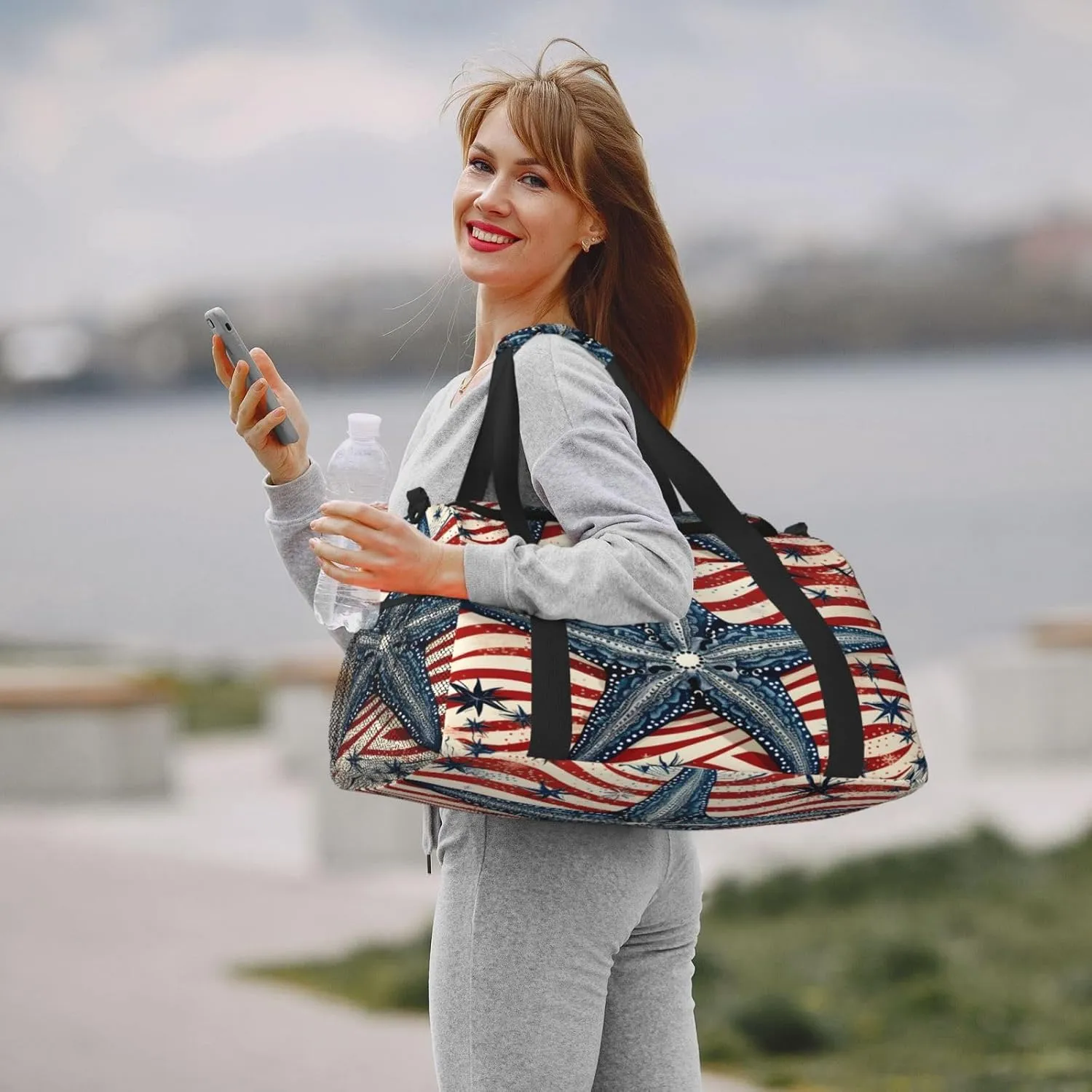 Travel Duffel Bag For Men Women, Starfish Red Flag Stripe Carry On Sport Gym Bag With Shoulder Strap Lightweight Waterproof Weekender Bag Overnight Bag