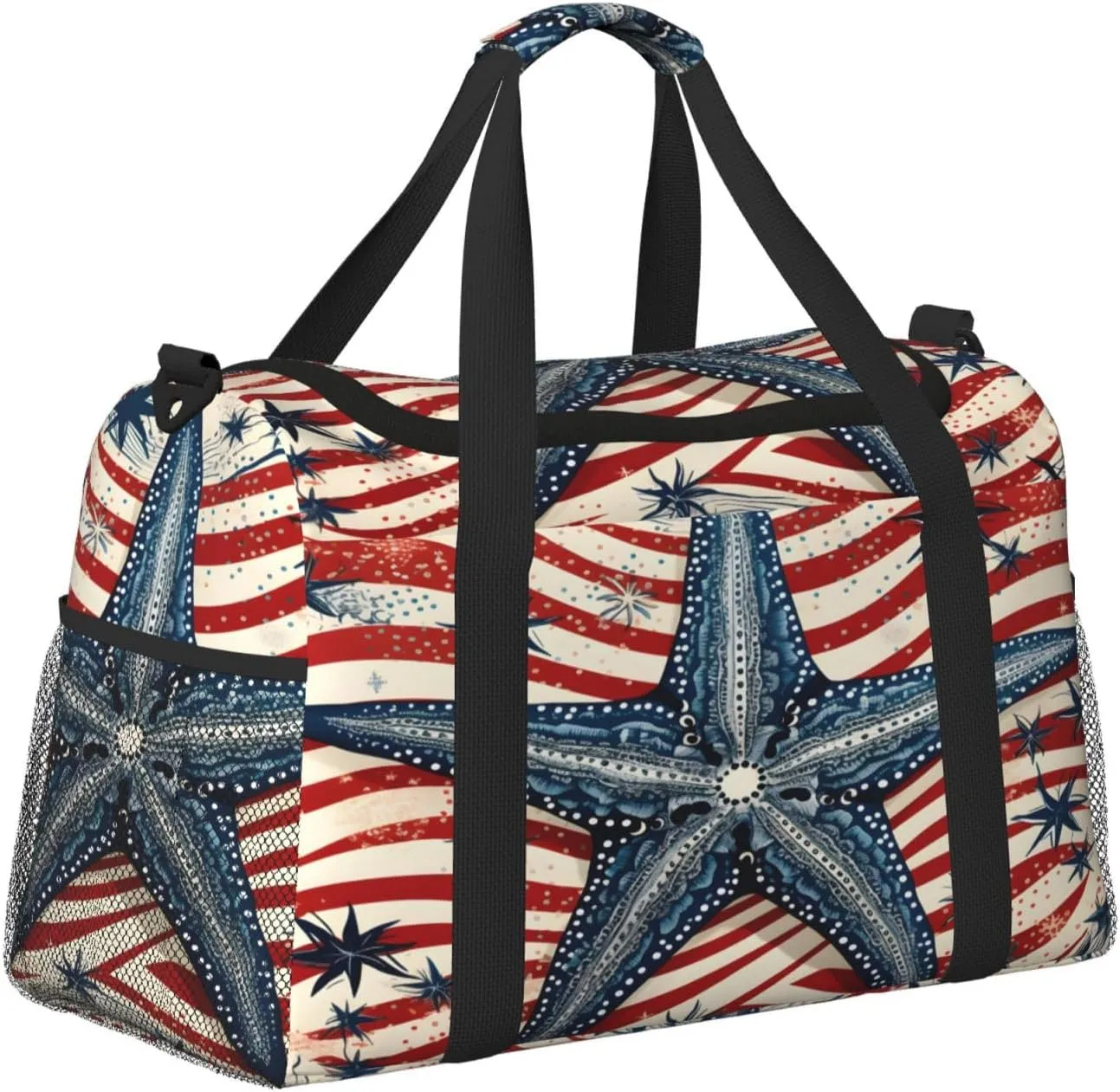 Travel Duffel Bag For Men Women, Starfish Red Flag Stripe Carry On Sport Gym Bag With Shoulder Strap Lightweight Waterproof Weekender Bag Overnight Bag