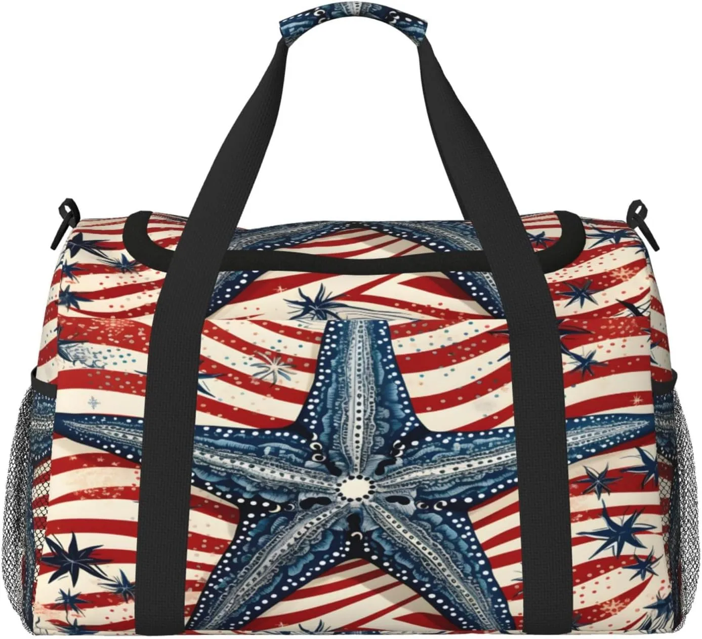 Travel Duffel Bag For Men Women, Starfish Red Flag Stripe Carry On Sport Gym Bag With Shoulder Strap Lightweight Waterproof Weekender Bag Overnight Bag