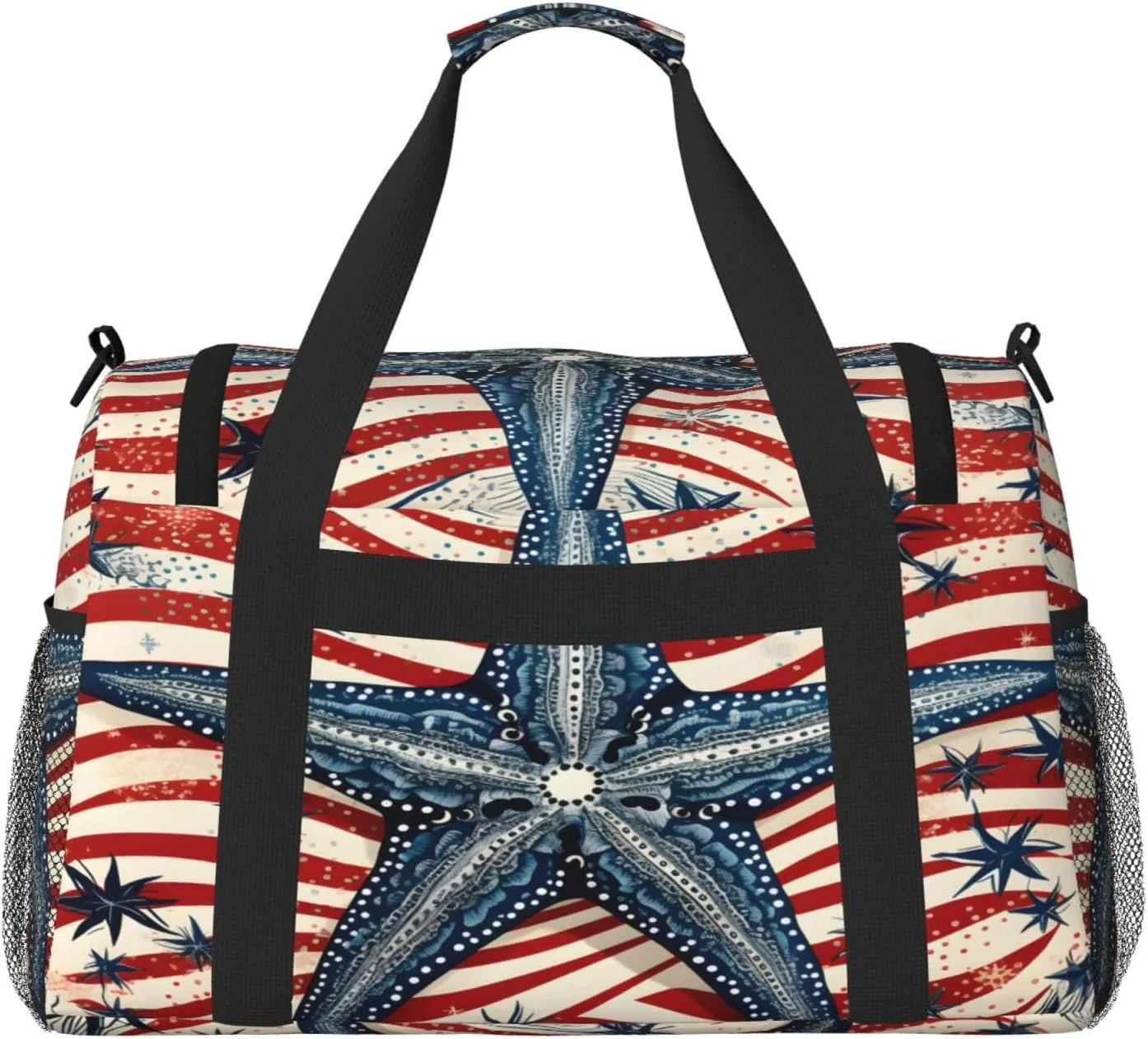 Travel Duffel Bag For Men Women, Starfish Red Flag Stripe Carry On Sport Gym Bag With Shoulder Strap Lightweight Waterproof Weekender Bag Overnight Bag