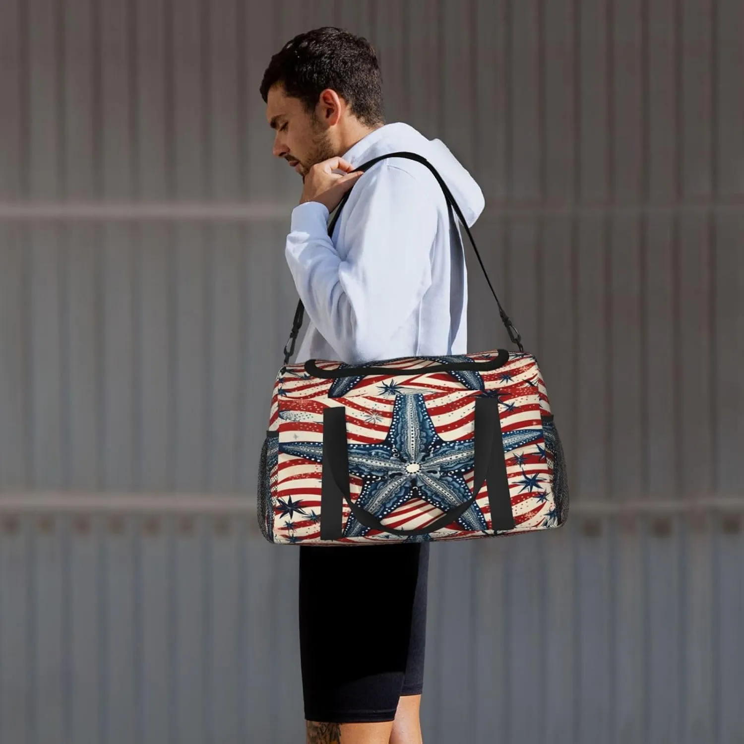 Travel Duffel Bag For Men Women, Starfish Red Flag Stripe Carry On Sport Gym Bag With Shoulder Strap Lightweight Waterproof Weekender Bag Overnight Bag