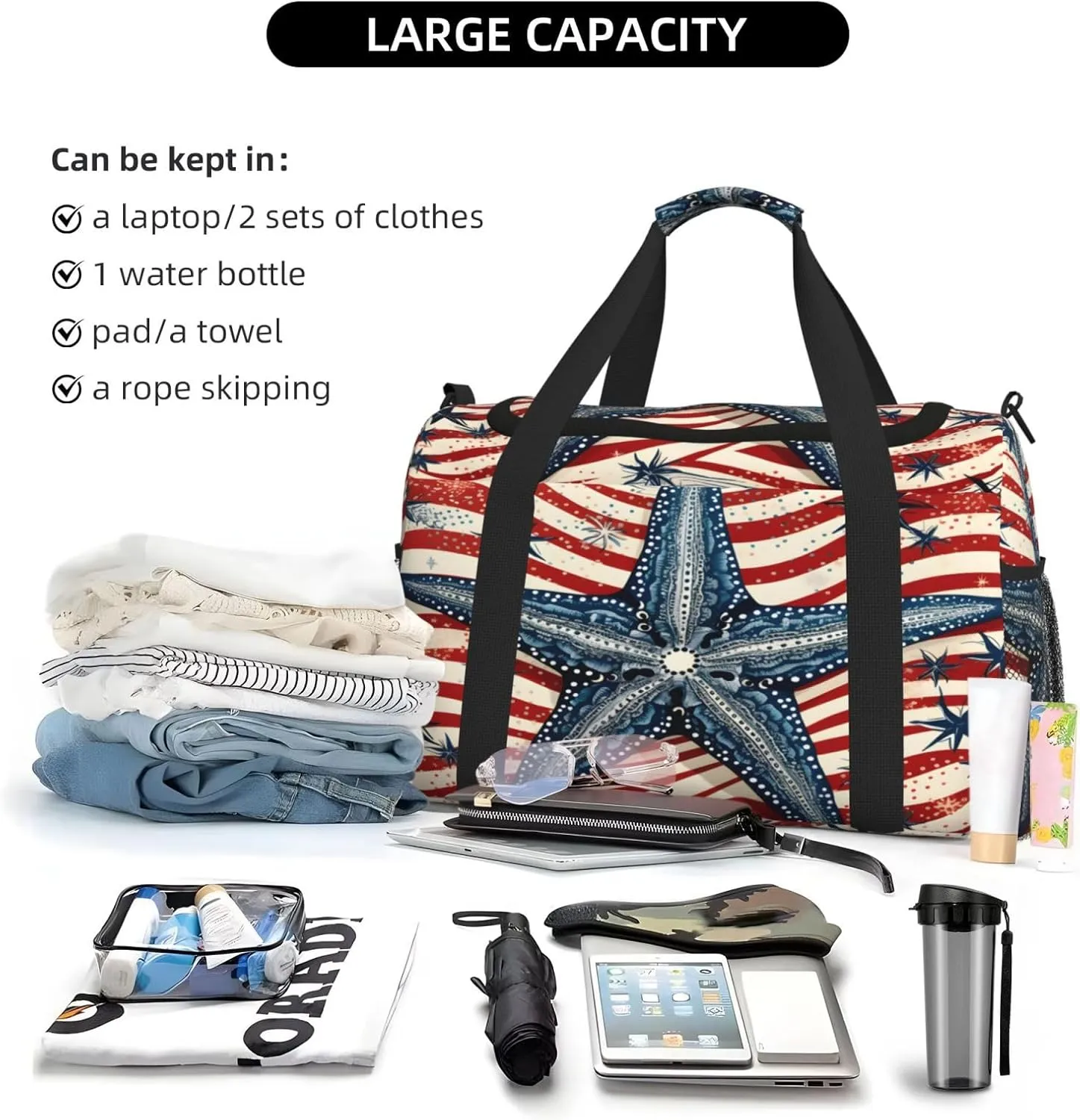 Travel Duffel Bag For Men Women, Starfish Red Flag Stripe Carry On Sport Gym Bag With Shoulder Strap Lightweight Waterproof Weekender Bag Overnight Bag