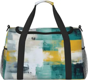 Travel Duffel Bag For Men Women, Teal Yellow Art Painting Carry On Sport Gym Bag With Shoulder Strap Lightweight Waterproof Weekender Bag Overnight Bag