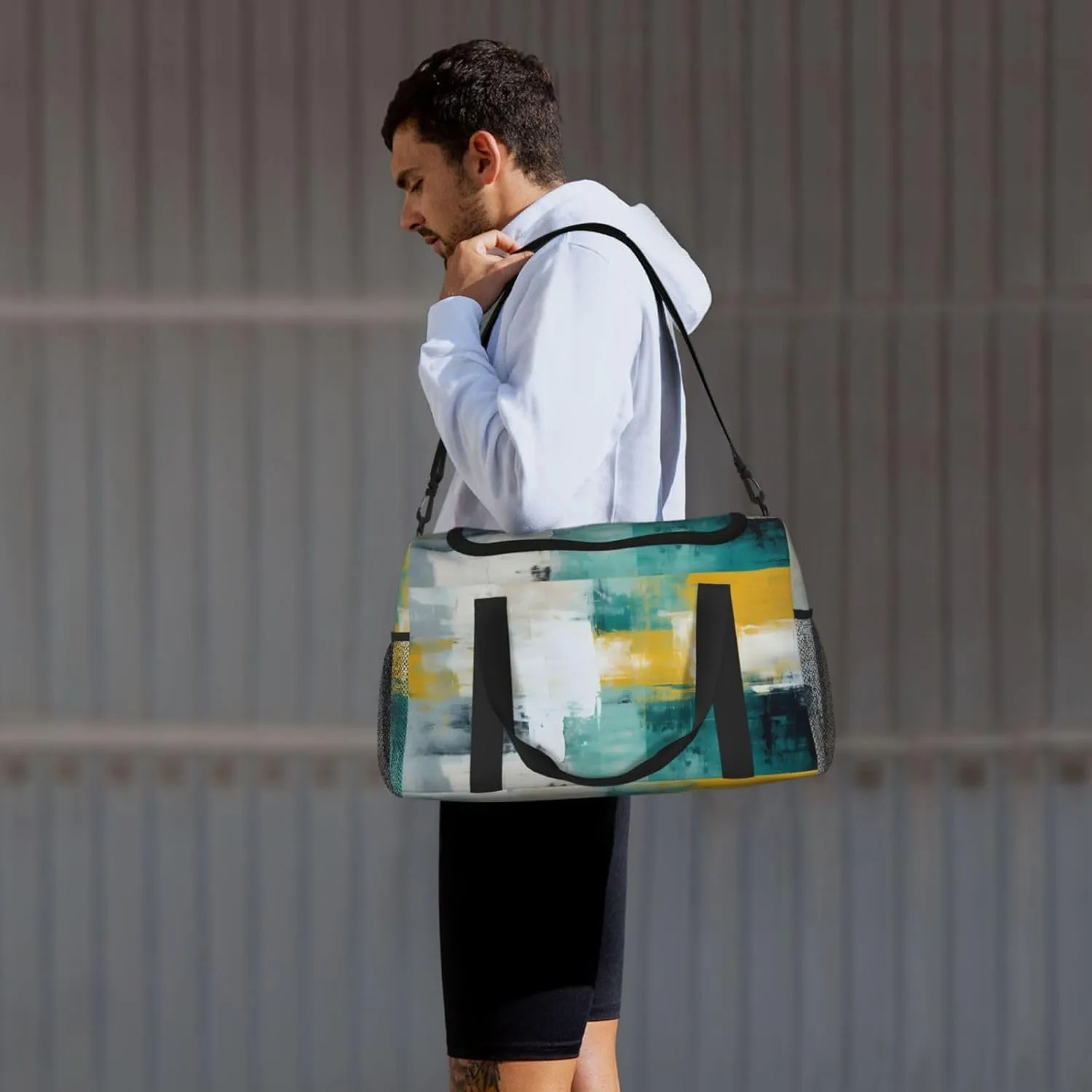 Travel Duffel Bag For Men Women, Teal Yellow Art Painting Carry On Sport Gym Bag With Shoulder Strap Lightweight Waterproof Weekender Bag Overnight Bag
