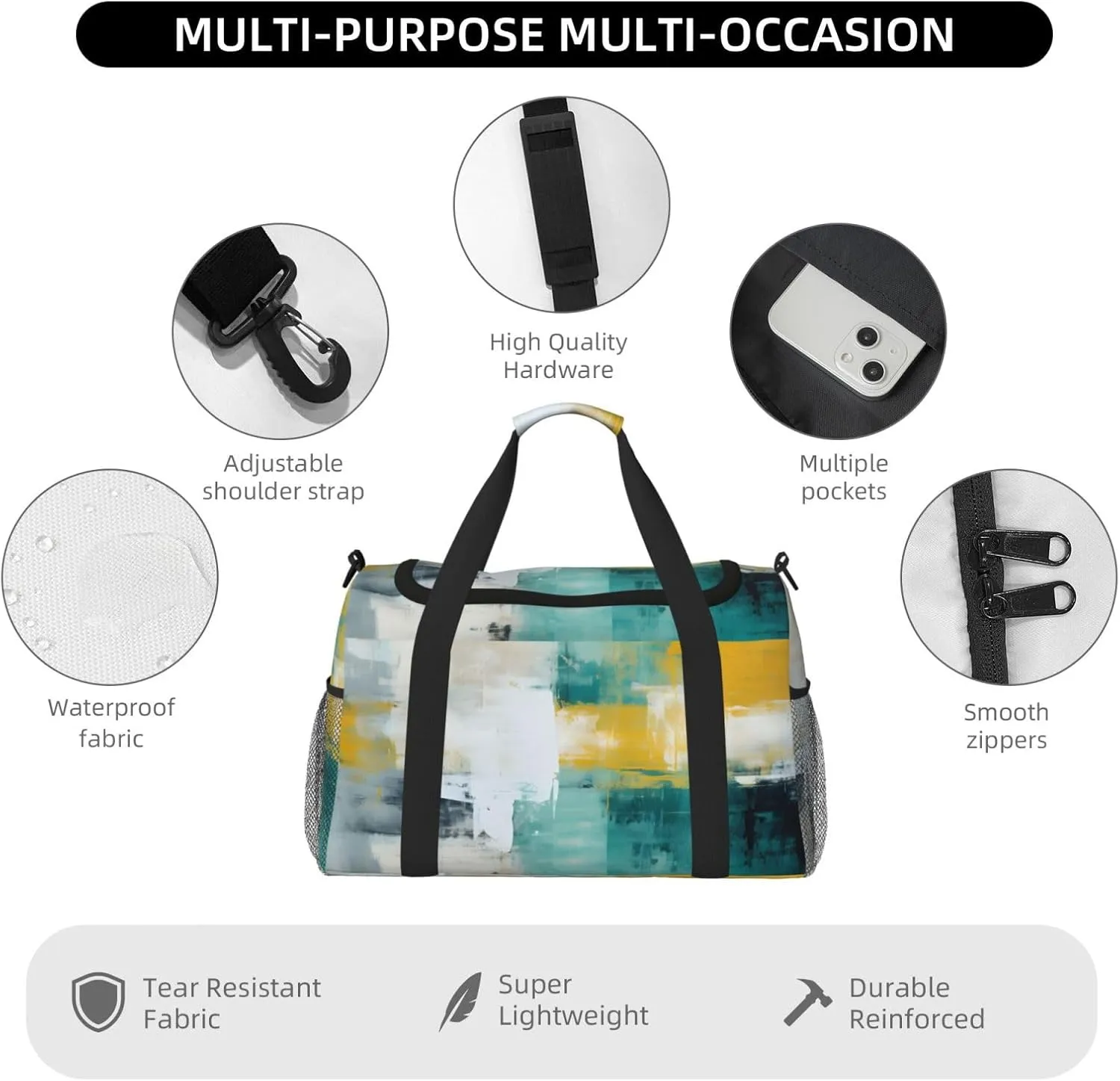 Travel Duffel Bag For Men Women, Teal Yellow Art Painting Carry On Sport Gym Bag With Shoulder Strap Lightweight Waterproof Weekender Bag Overnight Bag