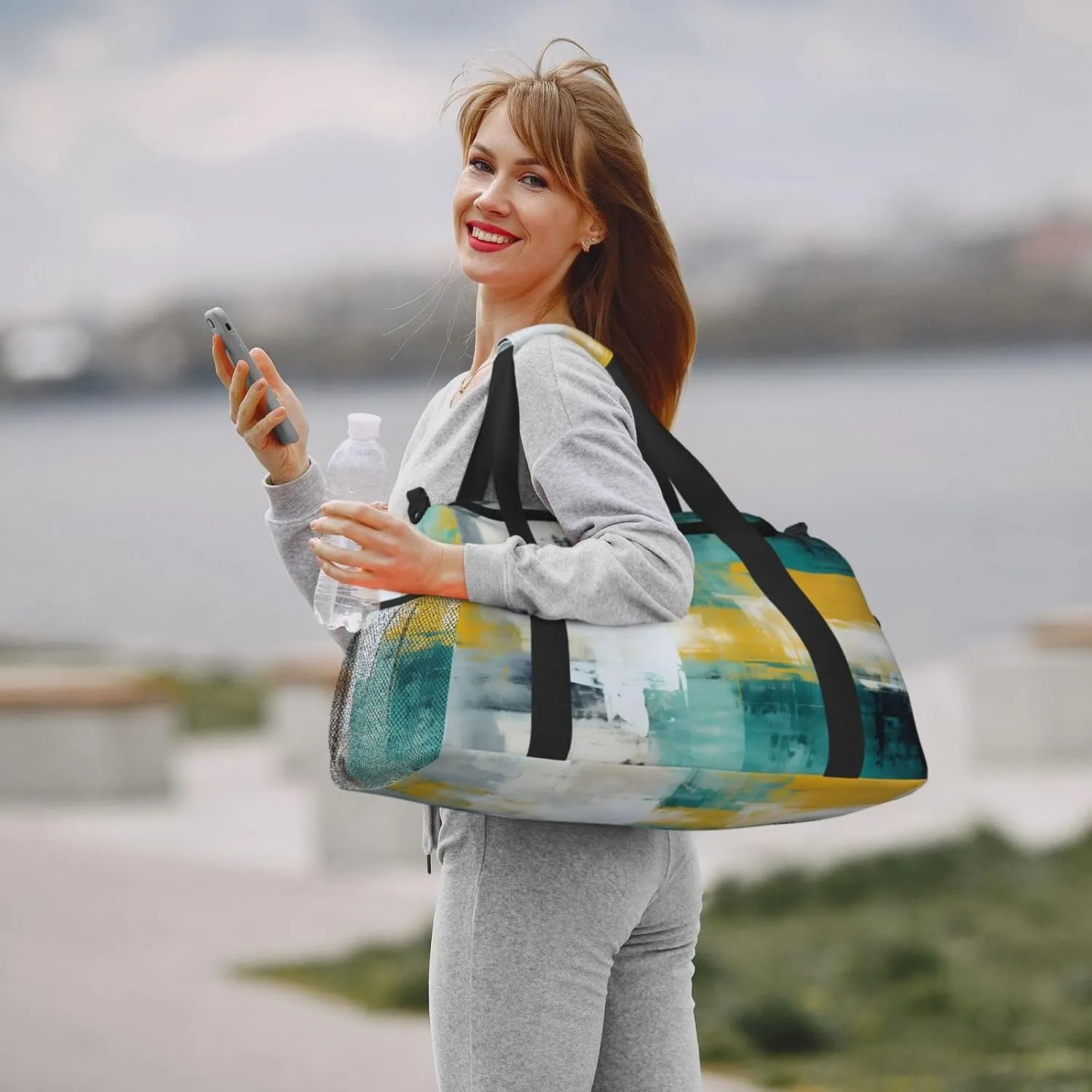 Travel Duffel Bag For Men Women, Teal Yellow Art Painting Carry On Sport Gym Bag With Shoulder Strap Lightweight Waterproof Weekender Bag Overnight Bag