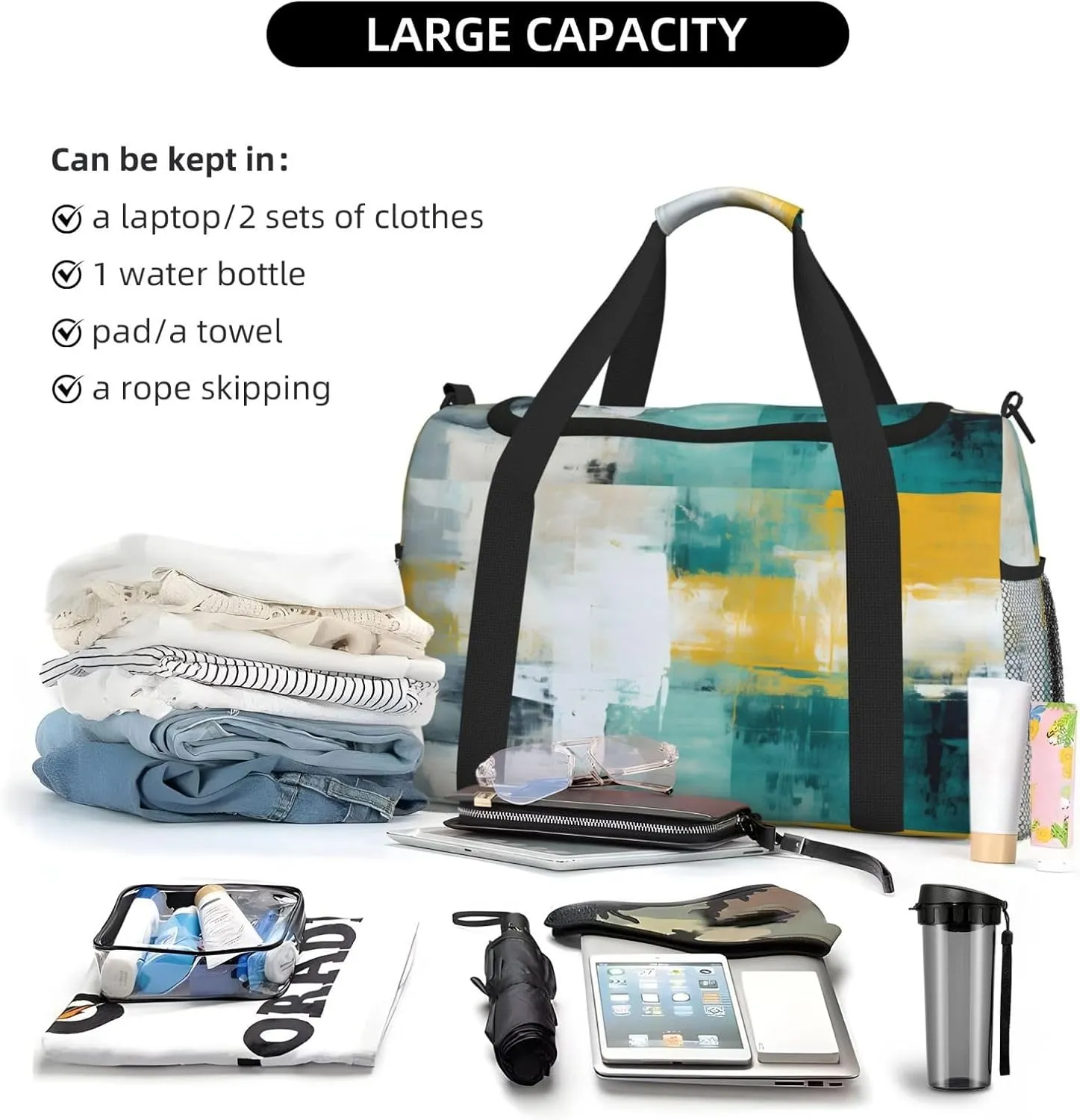 Travel Duffel Bag For Men Women, Teal Yellow Art Painting Carry On Sport Gym Bag With Shoulder Strap Lightweight Waterproof Weekender Bag Overnight Bag