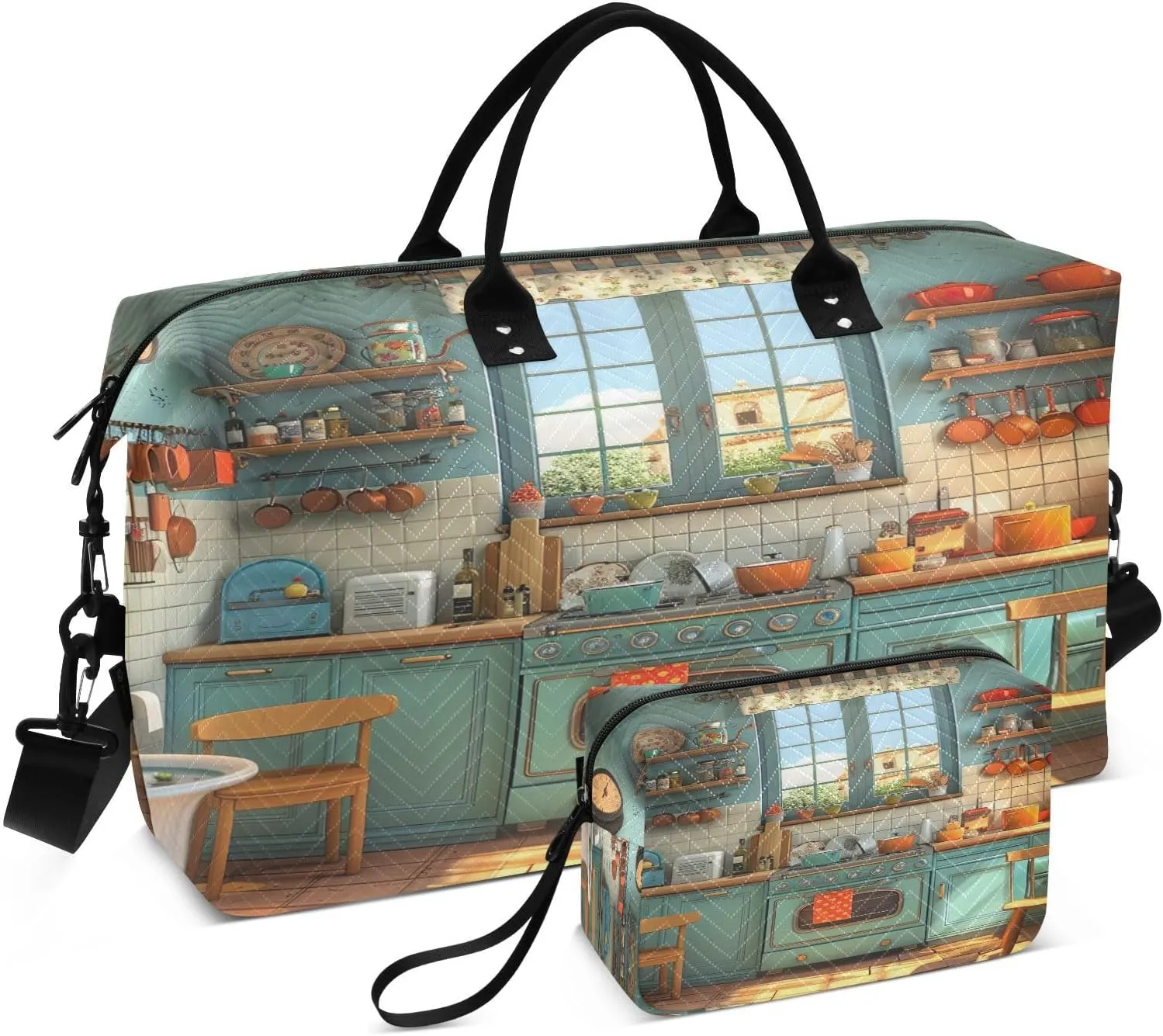 Travel Duffel Bag Large Weekender Overnight Bags for Women Men, Cartoon Kitchen Pattern Gym Bag with Toiletry Bag