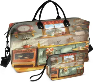 Travel Duffel Bag Large Weekender Overnight Bags for Women Men, Cartoon Kitchen Pattern Gym Bag with Toiletry Bag