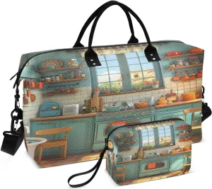 Travel Duffel Bag Large Weekender Overnight Bags for Women Men, Cartoon Kitchen Pattern Gym Bag with Toiletry Bag