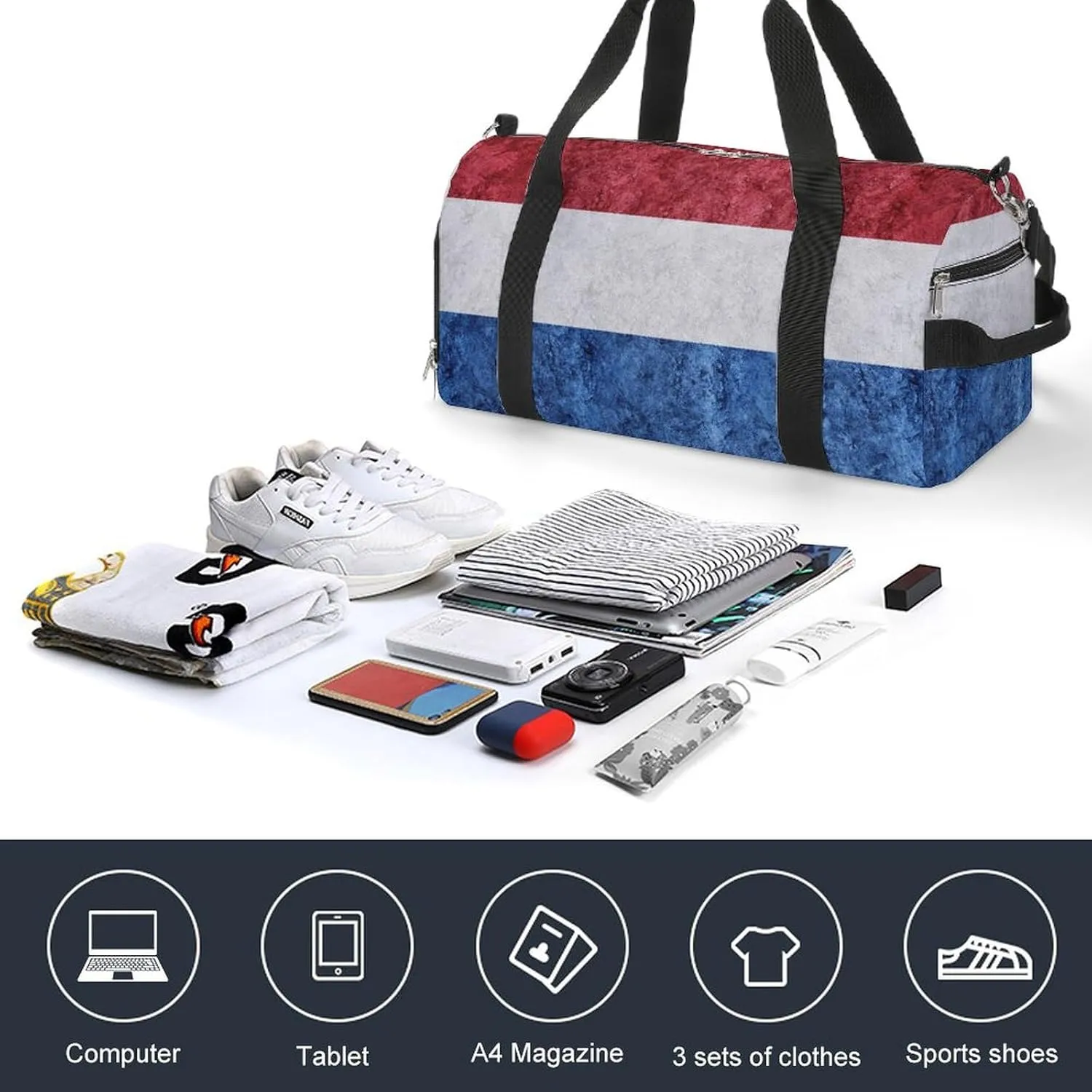 Travel Duffel Bag with Netherlands Flag Textured Shoe Compartment Waterproof Sports Gym