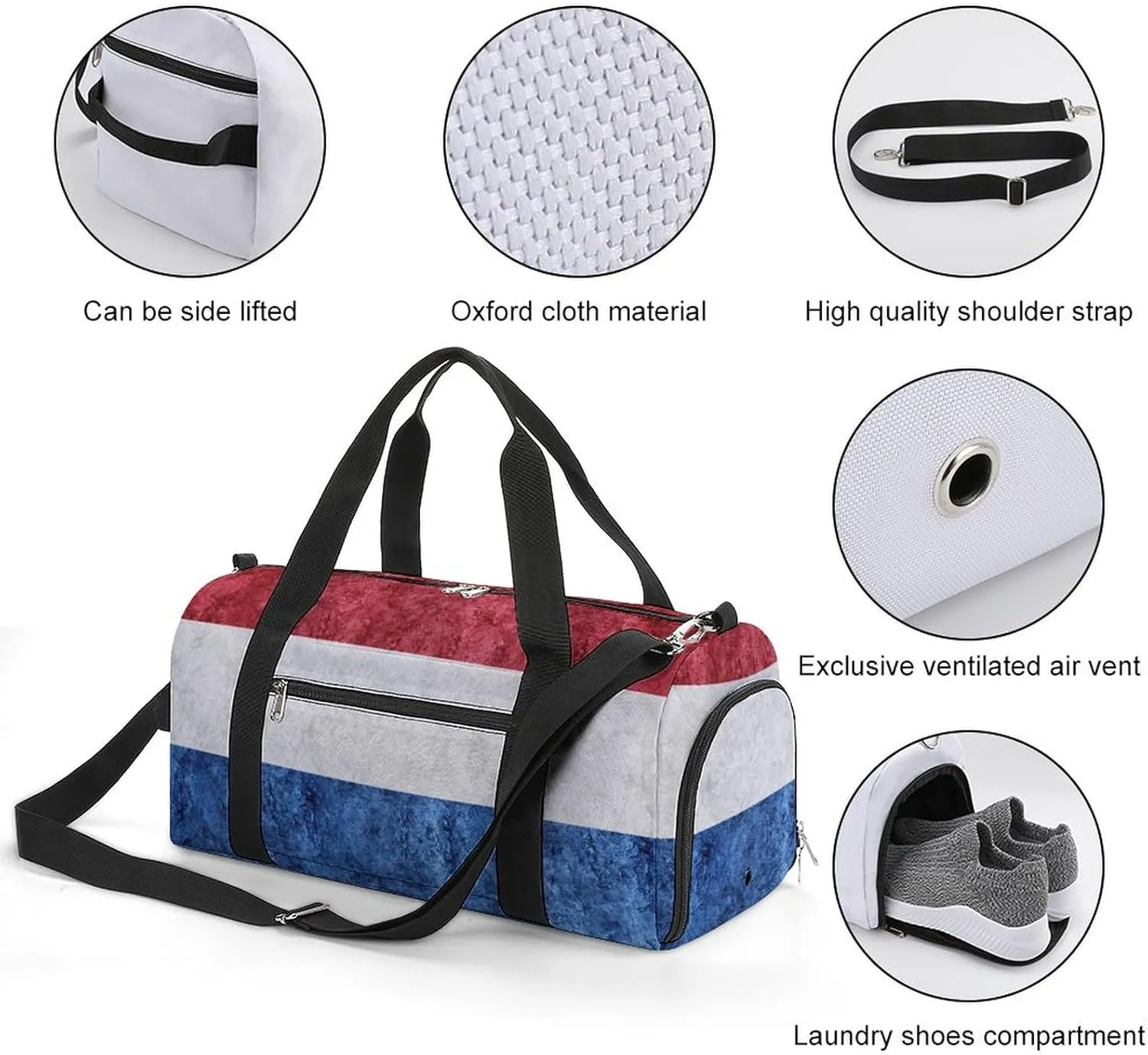 Travel Duffel Bag with Netherlands Flag Textured Shoe Compartment Waterproof Sports Gym