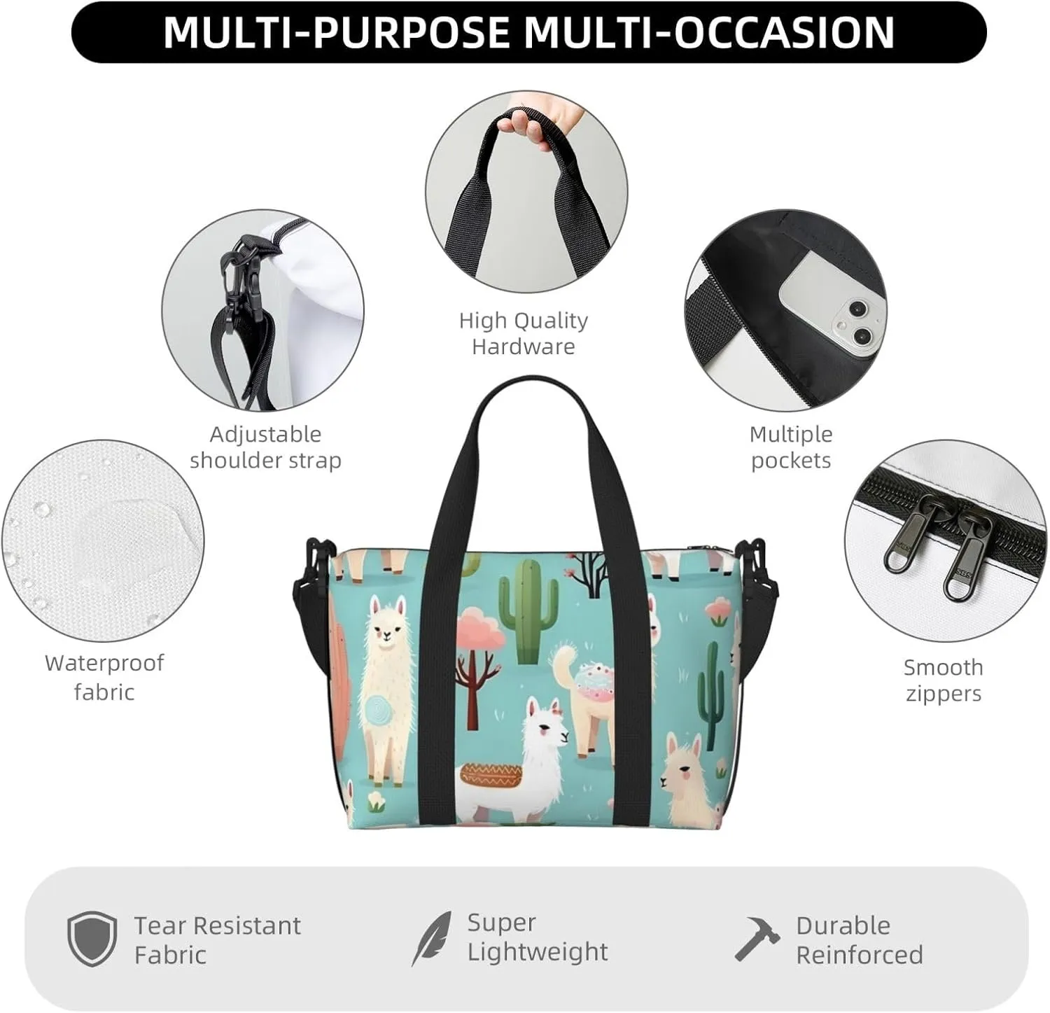 Travel Duffle Bag Cute Alpaca Llama Animal Cactus Weekender Overnight Bags Luggage Bag for Women Men Waterproof Sports Gym Bag Hand Bag with Shoulder Strap