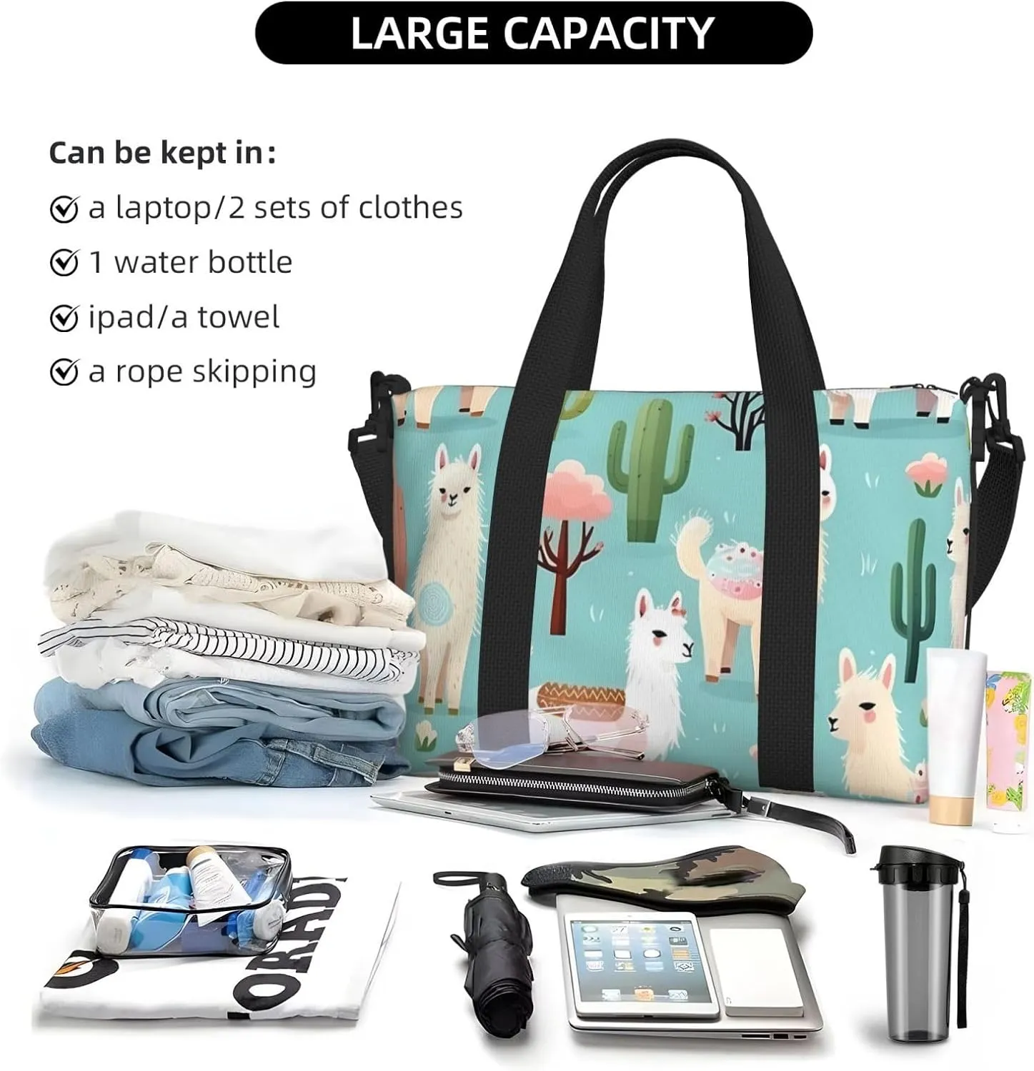 Travel Duffle Bag Cute Alpaca Llama Animal Cactus Weekender Overnight Bags Luggage Bag for Women Men Waterproof Sports Gym Bag Hand Bag with Shoulder Strap