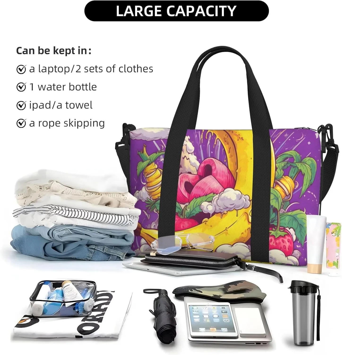 Travel Duffle Bag Cute Banana Fruit Theme Weekender Overnight Bags Luggage Bag for Women Men Waterproof Sports Gym Bag Hand Bag with Shoulder Strap
