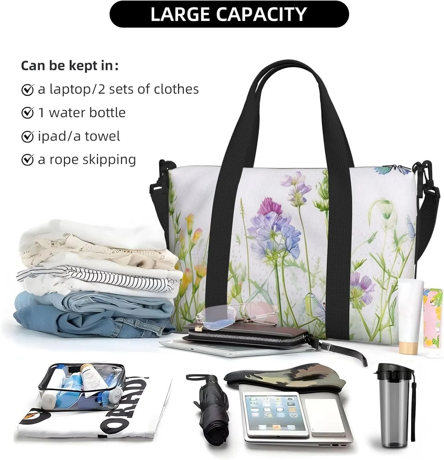 Travel Duffle Bag Cute Butterfly Flower Floral Weekender Overnight Bags Luggage Bag for Women Men Waterproof Sports Gym Bag Hand Bag with Shoulder Strap
