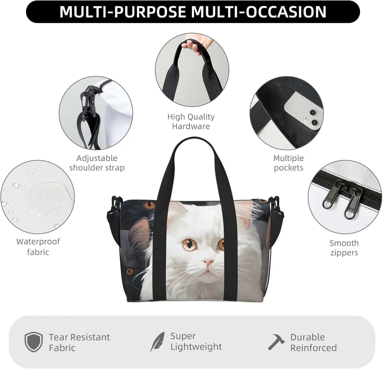 Travel Duffle Bag Cute Kitten White Cat Weekender Overnight Bags Luggage Bag for Women Men Waterproof Sports Gym Bag Hand Bag with Shoulder Strap