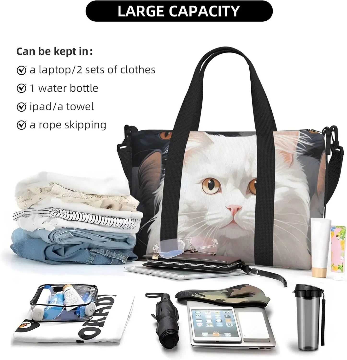 Travel Duffle Bag Cute Kitten White Cat Weekender Overnight Bags Luggage Bag for Women Men Waterproof Sports Gym Bag Hand Bag with Shoulder Strap