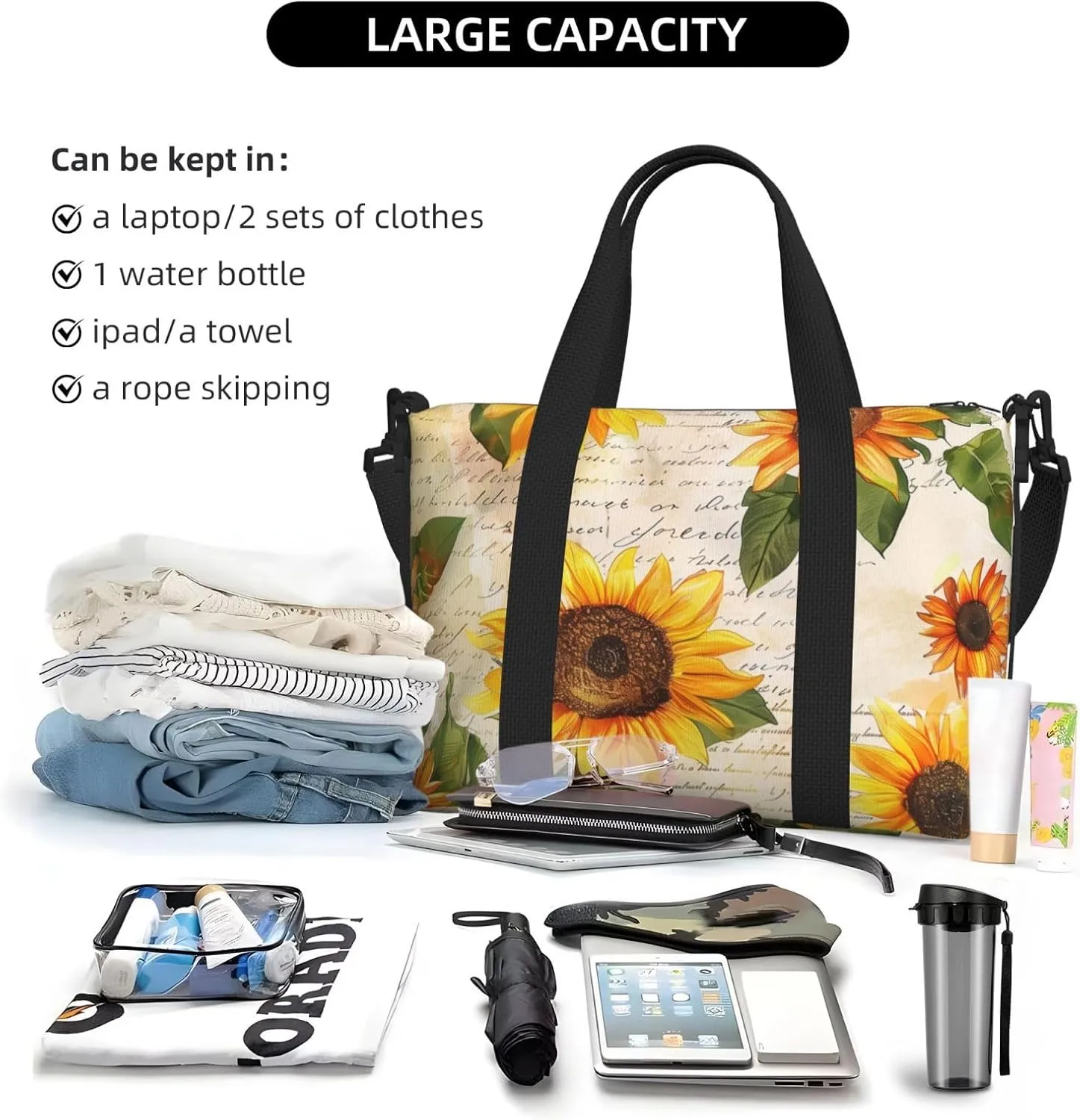 Travel Duffle Bag Flower Sunflower Newspaper Weekender Overnight Bags Luggage Bag for Women Men Waterproof Sports Gym Bag Hand Bag with Shoulder Strap