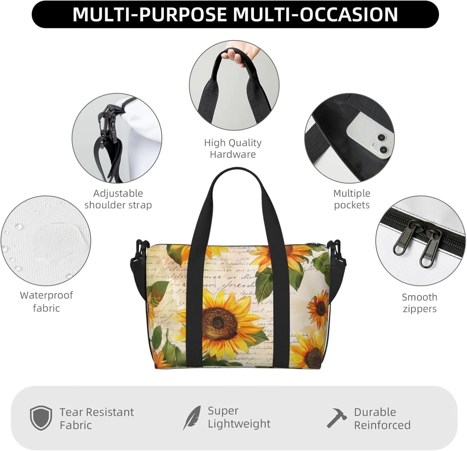 Travel Duffle Bag Flower Sunflower Newspaper Weekender Overnight Bags Luggage Bag for Women Men Waterproof Sports Gym Bag Hand Bag with Shoulder Strap