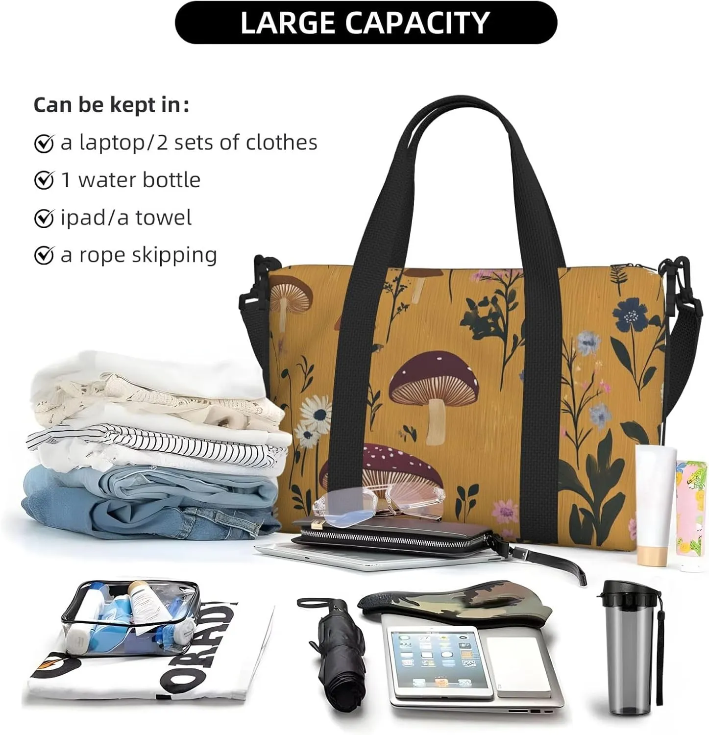 Travel Duffle Bag Mushroom Wildflower Weekender Overnight Bags Luggage Bag for Women Men Waterproof Sports Gym Bag Hand Bag with Shoulder Strap