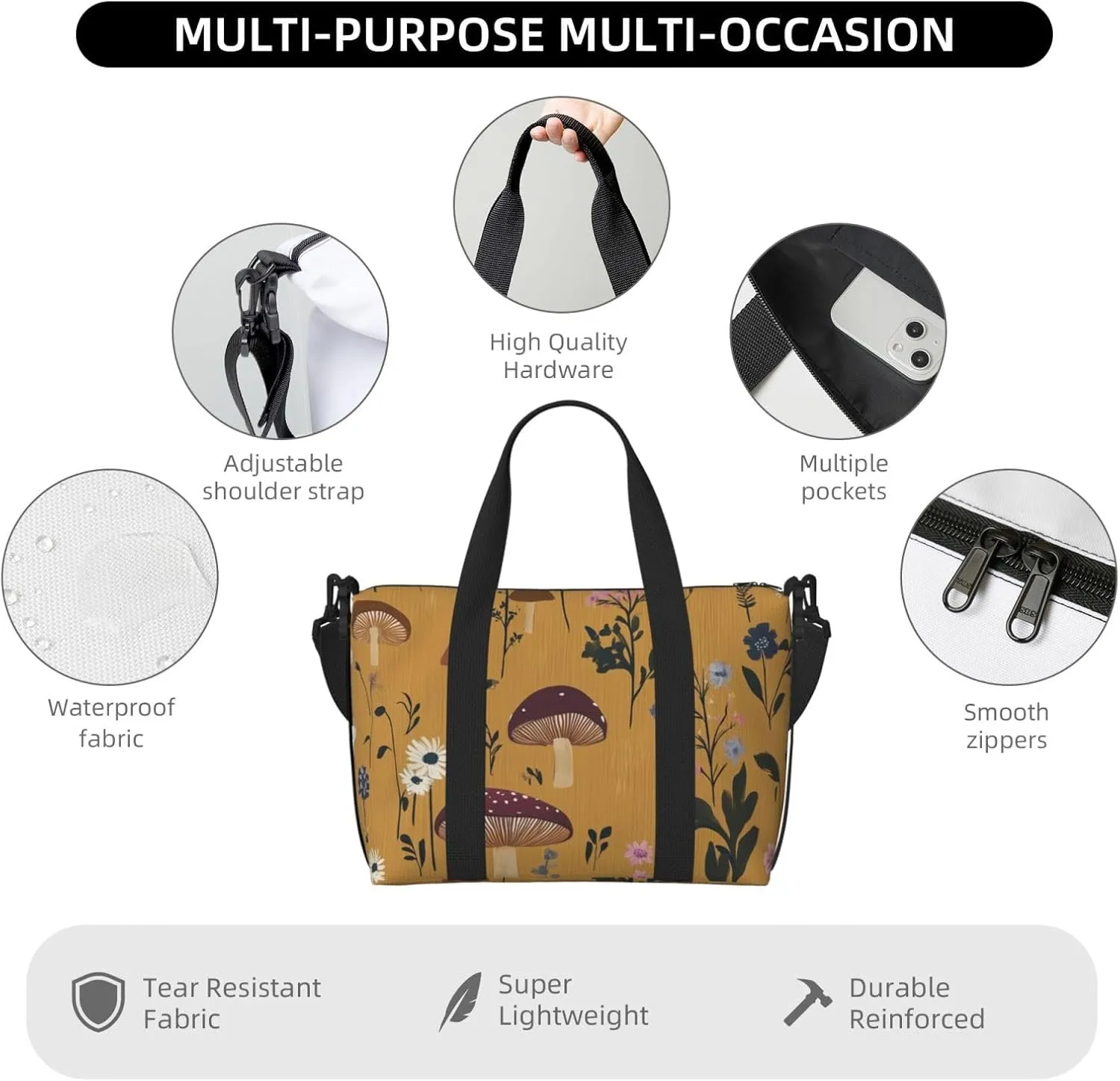 Travel Duffle Bag Mushroom Wildflower Weekender Overnight Bags Luggage Bag for Women Men Waterproof Sports Gym Bag Hand Bag with Shoulder Strap