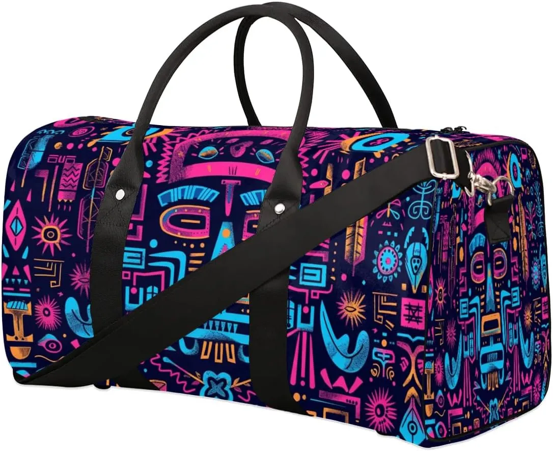 Travel Duffle Bag Mystical Aztec Pattern Foldable Travel Bags for Men Women, 17 Inch Gym Bag Workout Bag Carry on Weekender Overnight Bag for Gym Travel