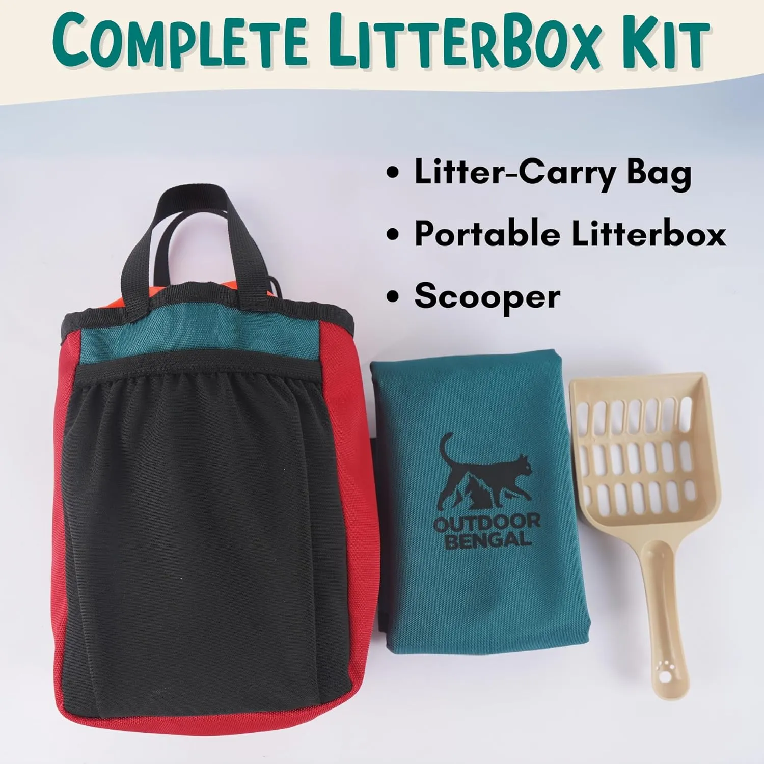 Travel Litter Box Kit for Cats (3in1) by OutdoorBengal – 1 Litter Tray   1 Litter Bag   1 Small Scooper (Leak-Proof & Odor-Resistant, Portable & Collapsible) Ideal for Car, Plane, Camping & Hotels