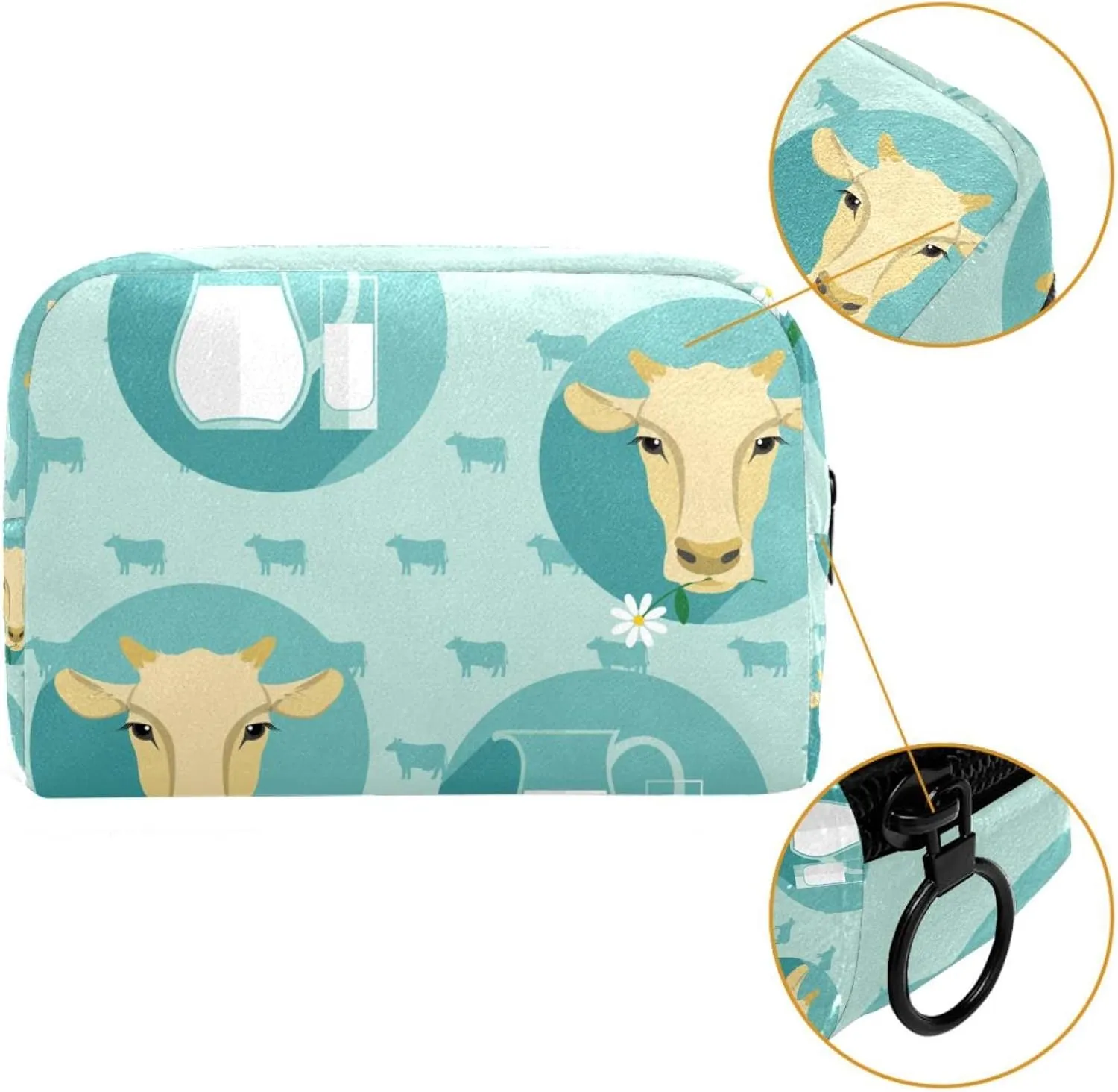 Travel Makeup Bag for Women, Cow Heads and Milk Jug Travel Cosmetic Bag Pencil Case Portable Makeup Pouch Toiletry Bag for Girls