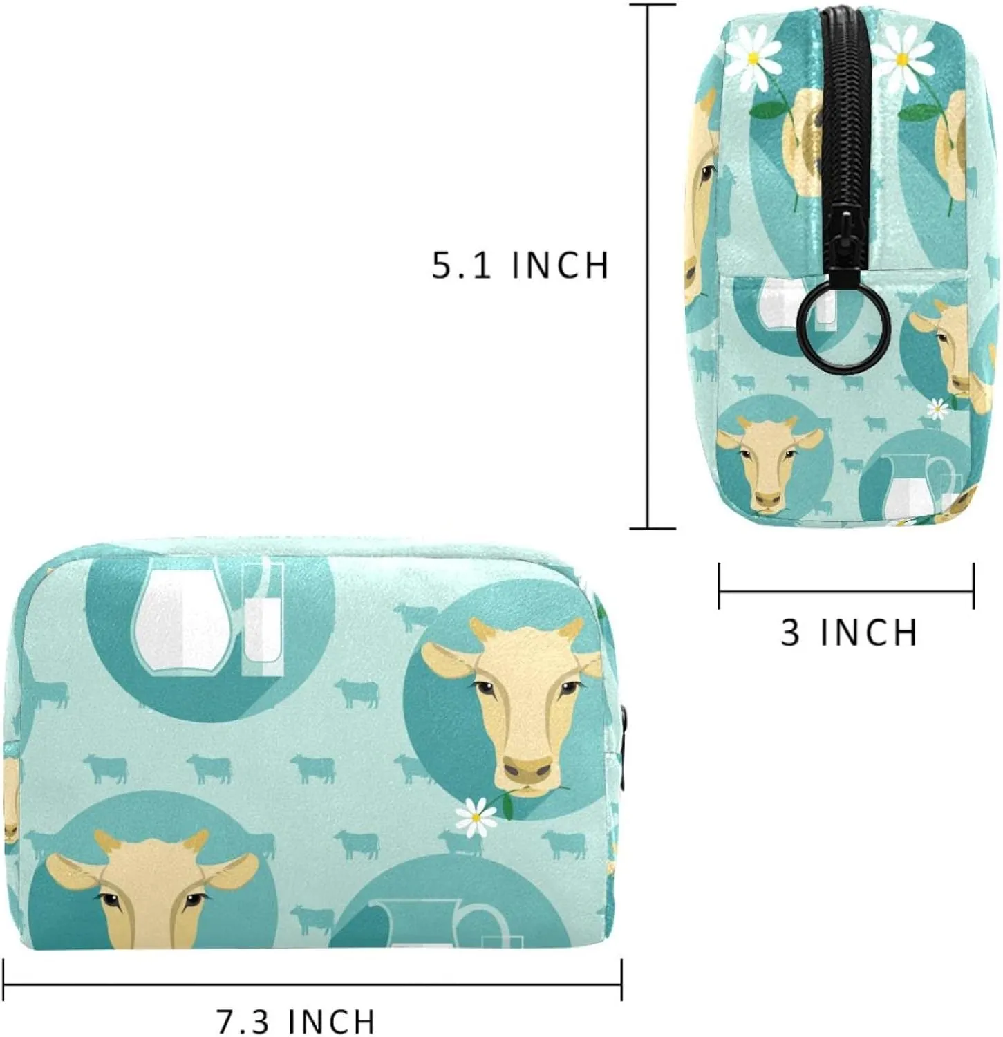 Travel Makeup Bag for Women, Cow Heads and Milk Jug Travel Cosmetic Bag Pencil Case Portable Makeup Pouch Toiletry Bag for Girls