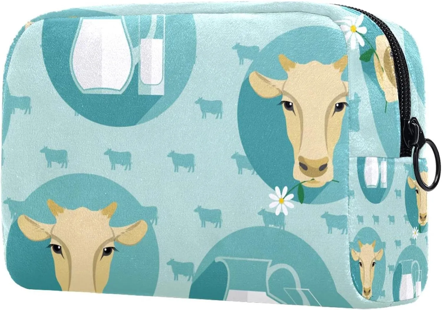 Travel Makeup Bag for Women, Cow Heads and Milk Jug Travel Cosmetic Bag Pencil Case Portable Makeup Pouch Toiletry Bag for Girls
