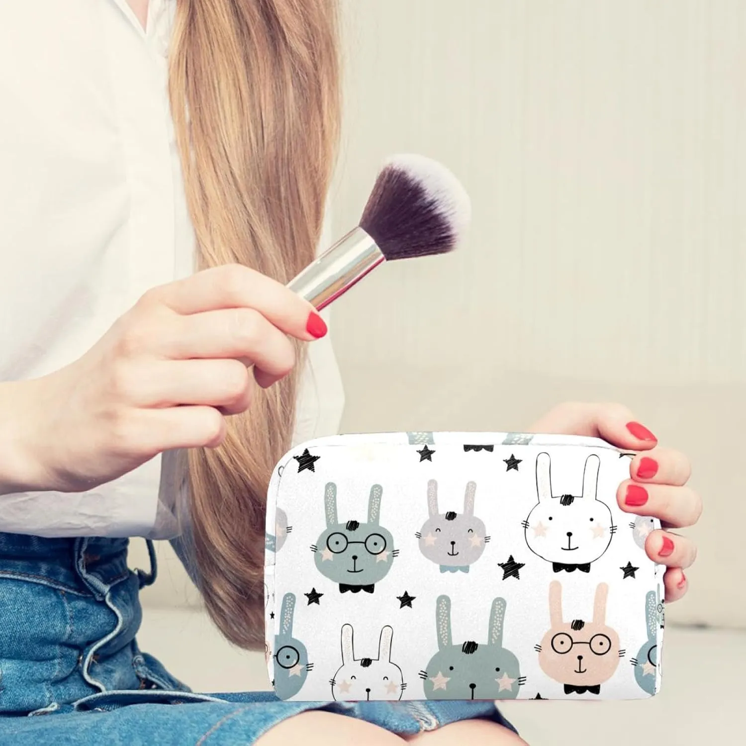 Travel Makeup Bag for Women, Cute Animal Rabbit Face Pattern Travel Cosmetic Bag Pencil Case Portable Makeup Pouch Toiletry Bag for Girls
