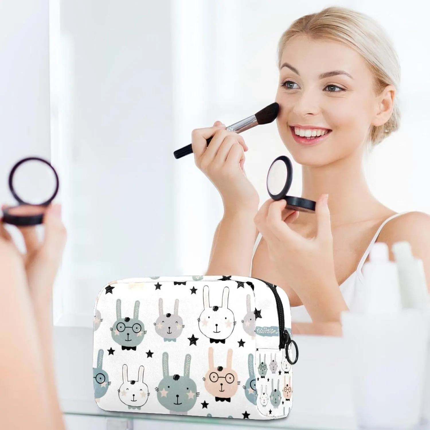Travel Makeup Bag for Women, Cute Animal Rabbit Face Pattern Travel Cosmetic Bag Pencil Case Portable Makeup Pouch Toiletry Bag for Girls