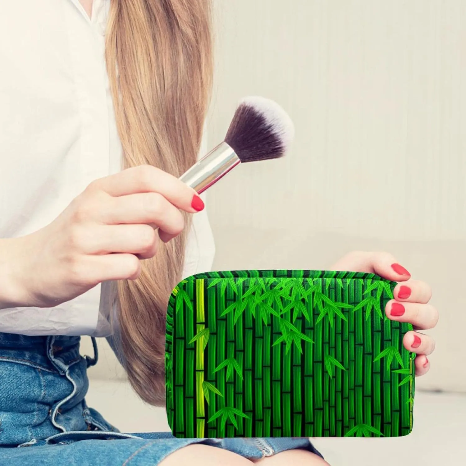 Travel Makeup Bag for Women, Grenn Bamboo Pattern Travel Cosmetic Bag Pencil Case Portable Makeup Pouch Toiletry Bag for Girls