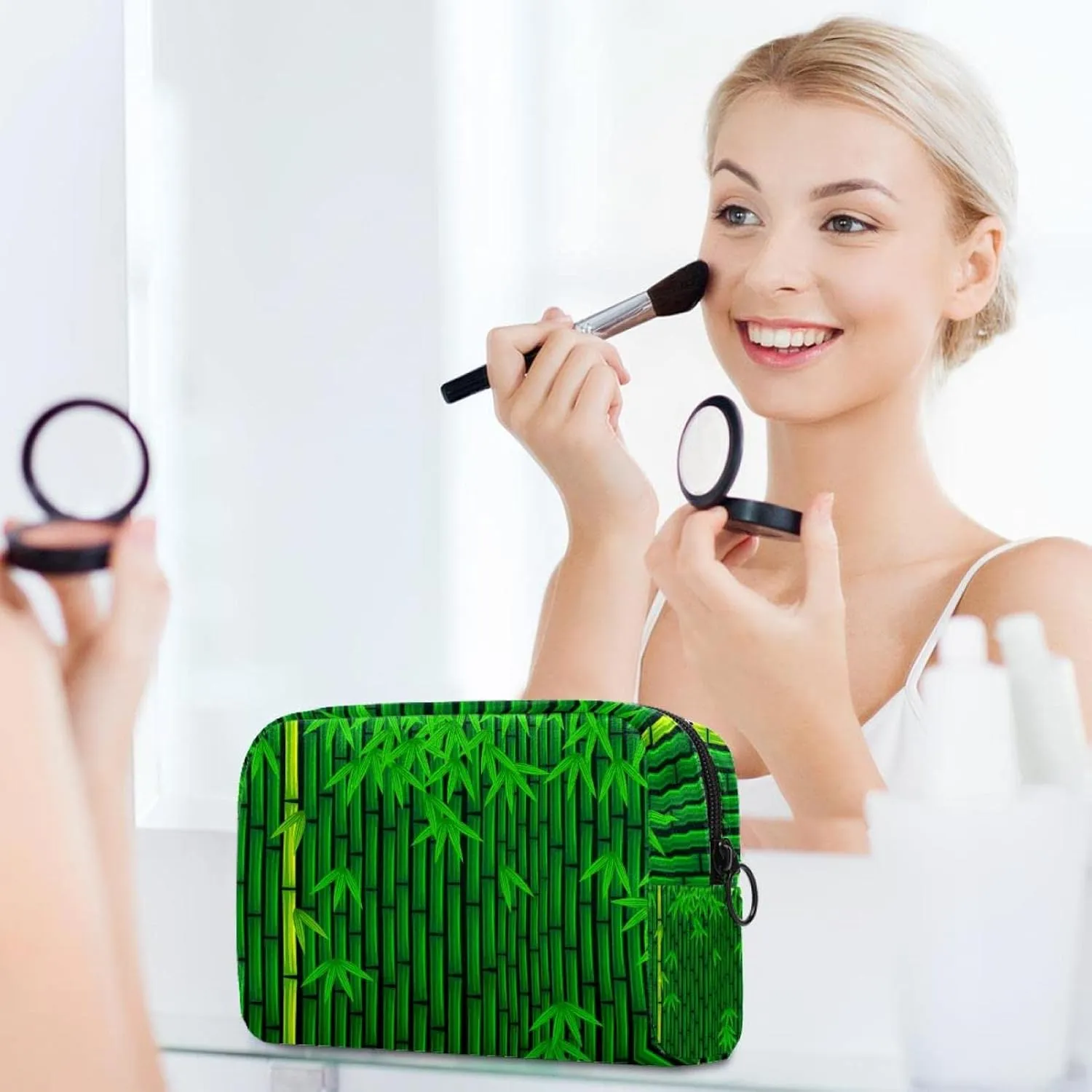 Travel Makeup Bag for Women, Grenn Bamboo Pattern Travel Cosmetic Bag Pencil Case Portable Makeup Pouch Toiletry Bag for Girls