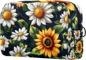 Travel Makeup Bag for Women, Vintage Sunflowers and White Chamomile Flowers Travel Cosmetic Bag Pencil Case Portable Makeup Pouch Toiletry Bag for Girls