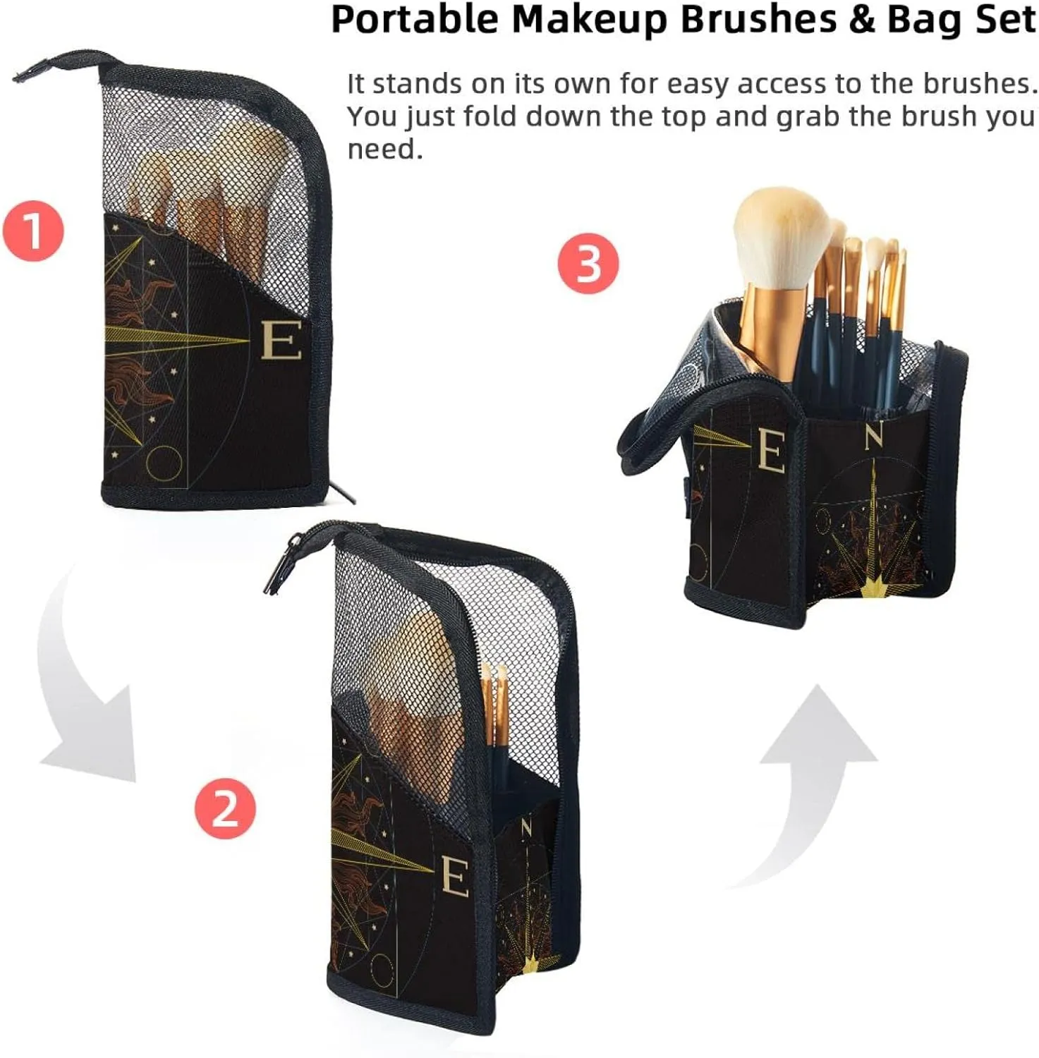 Travel Makeup Brush Holder, Large Stand-Up Makeup Brush Case, Professional Brush Organizer Foldable Makeup Artist Brush Storage Bag - Vintage Compass Black