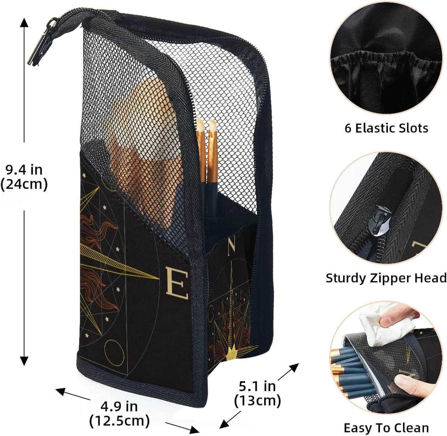 Travel Makeup Brush Holder, Large Stand-Up Makeup Brush Case, Professional Brush Organizer Foldable Makeup Artist Brush Storage Bag - Vintage Compass Black