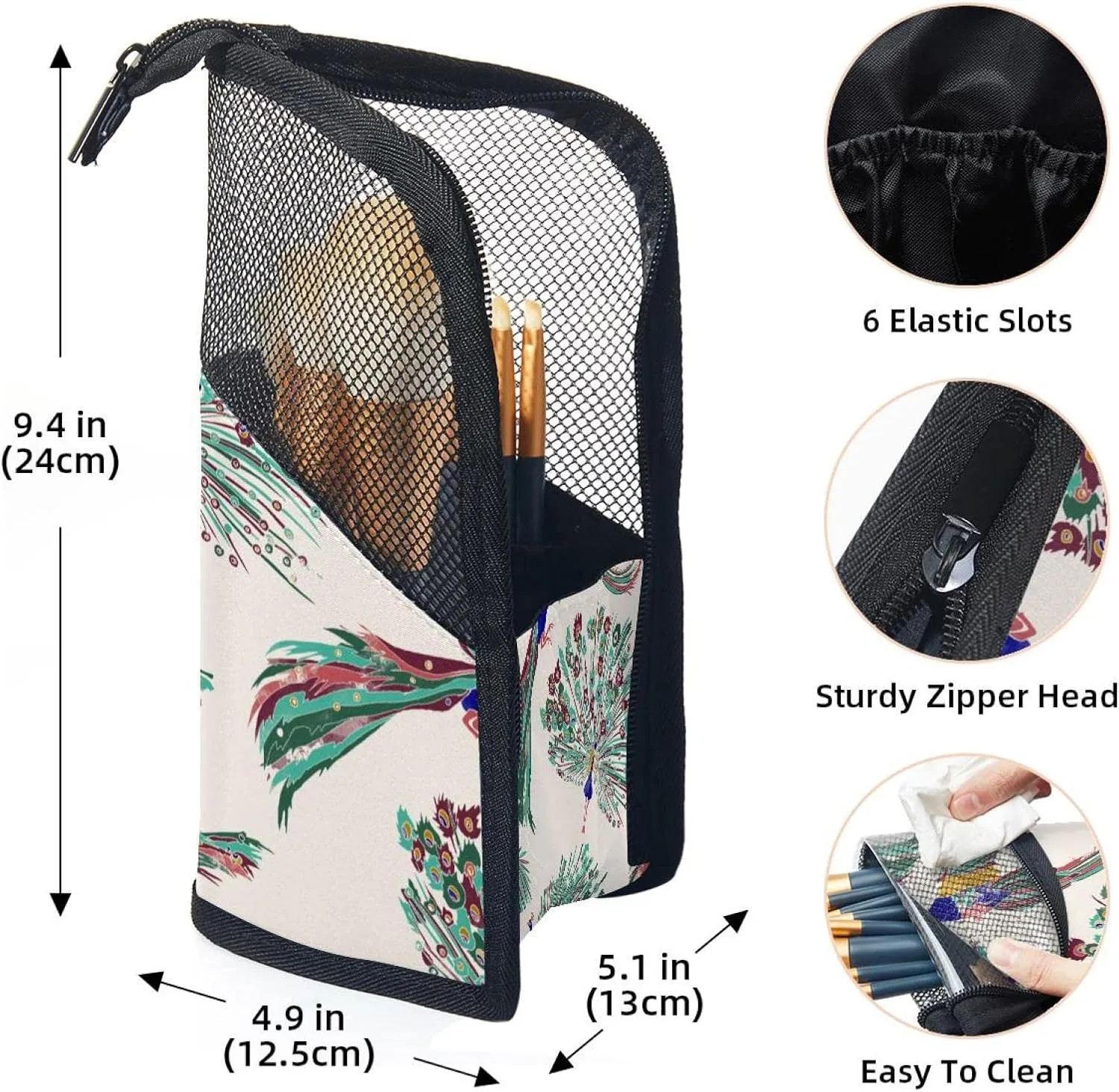 Travel Makeup Brush Holder, Large Stand-Up Makeup Brush Case, Professional Brush Organizer Foldable Makeup Artist Brush Storage Bag - Watercolor Peocock Retro