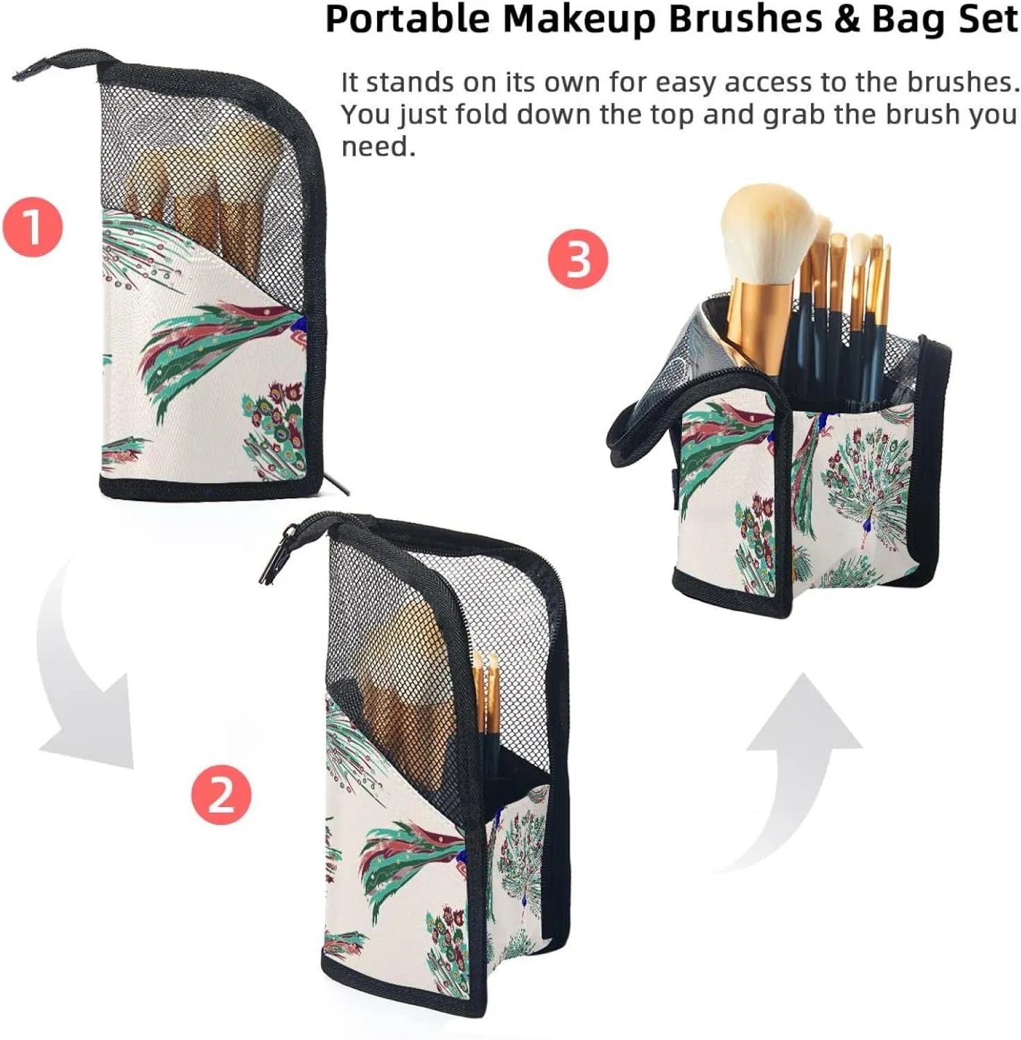 Travel Makeup Brush Holder, Large Stand-Up Makeup Brush Case, Professional Brush Organizer Foldable Makeup Artist Brush Storage Bag - Watercolor Peocock Retro