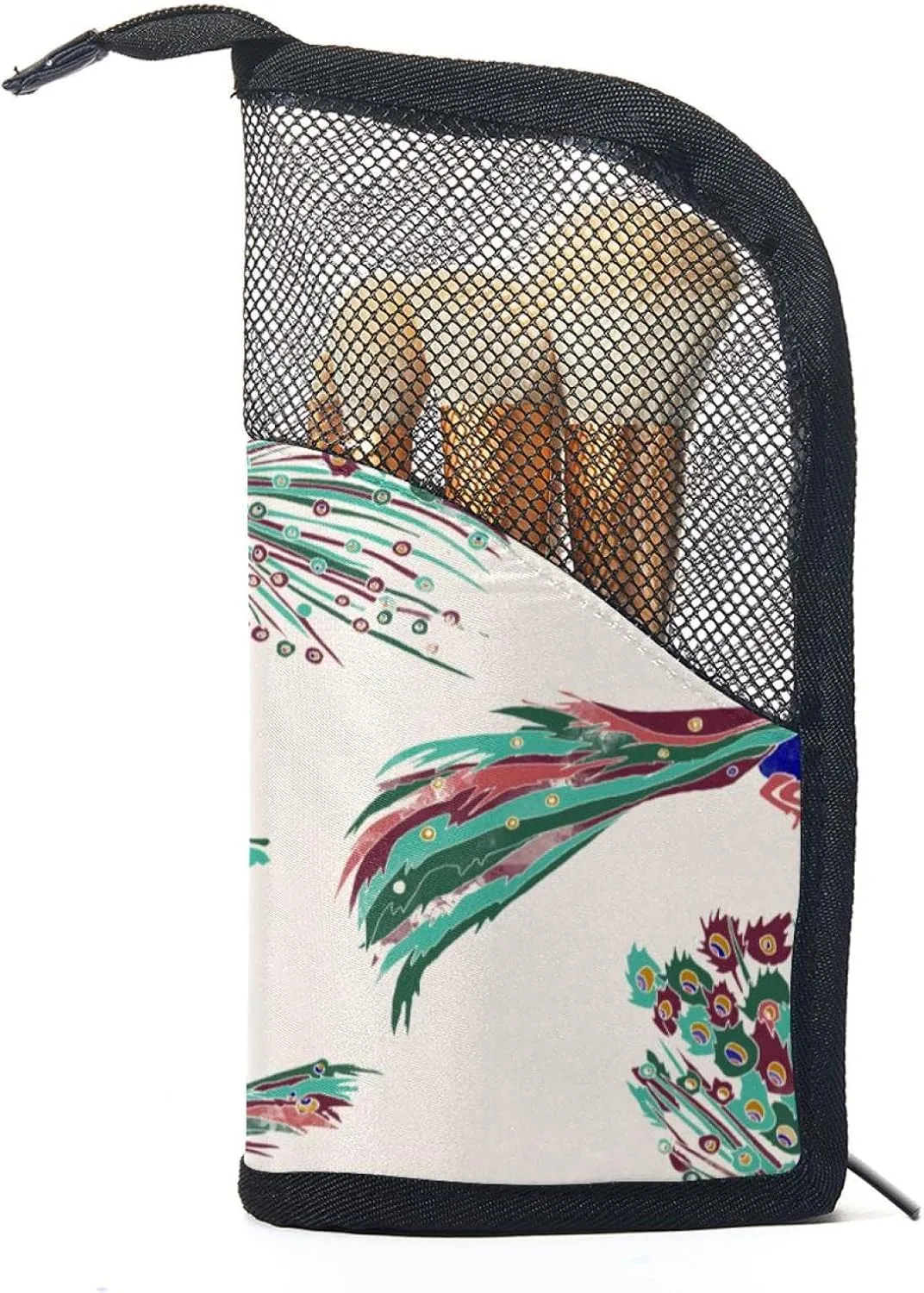 Travel Makeup Brush Holder, Large Stand-Up Makeup Brush Case, Professional Brush Organizer Foldable Makeup Artist Brush Storage Bag - Watercolor Peocock Retro