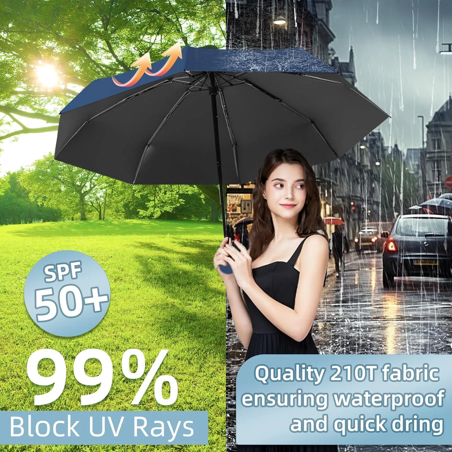 Travel Mini Folding Compact Umbrella with Case, 8 Ribs Lightweight Portable, Small Sun & Rain Pocket Umbrella for Girls and Women