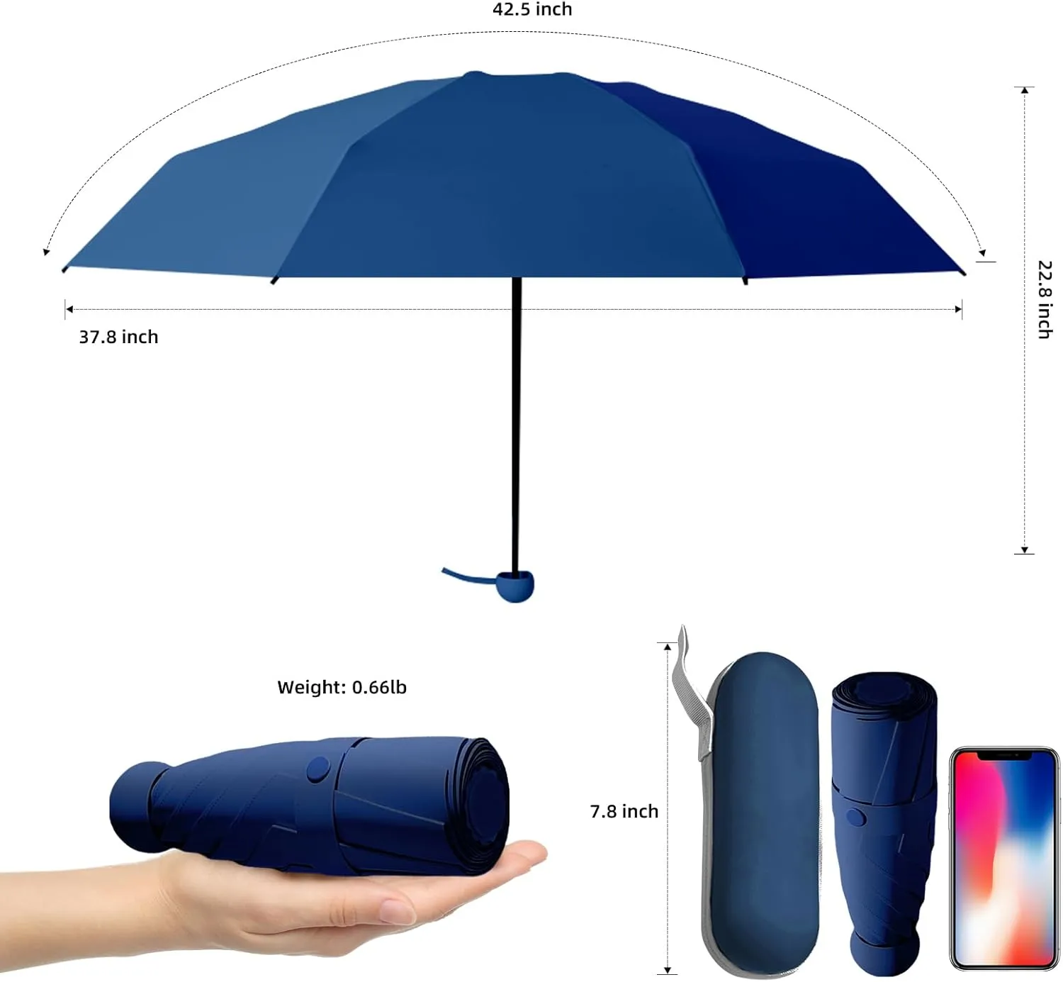 Travel Mini Folding Compact Umbrella with Case, 8 Ribs Lightweight Portable, Small Sun & Rain Pocket Umbrella for Girls and Women