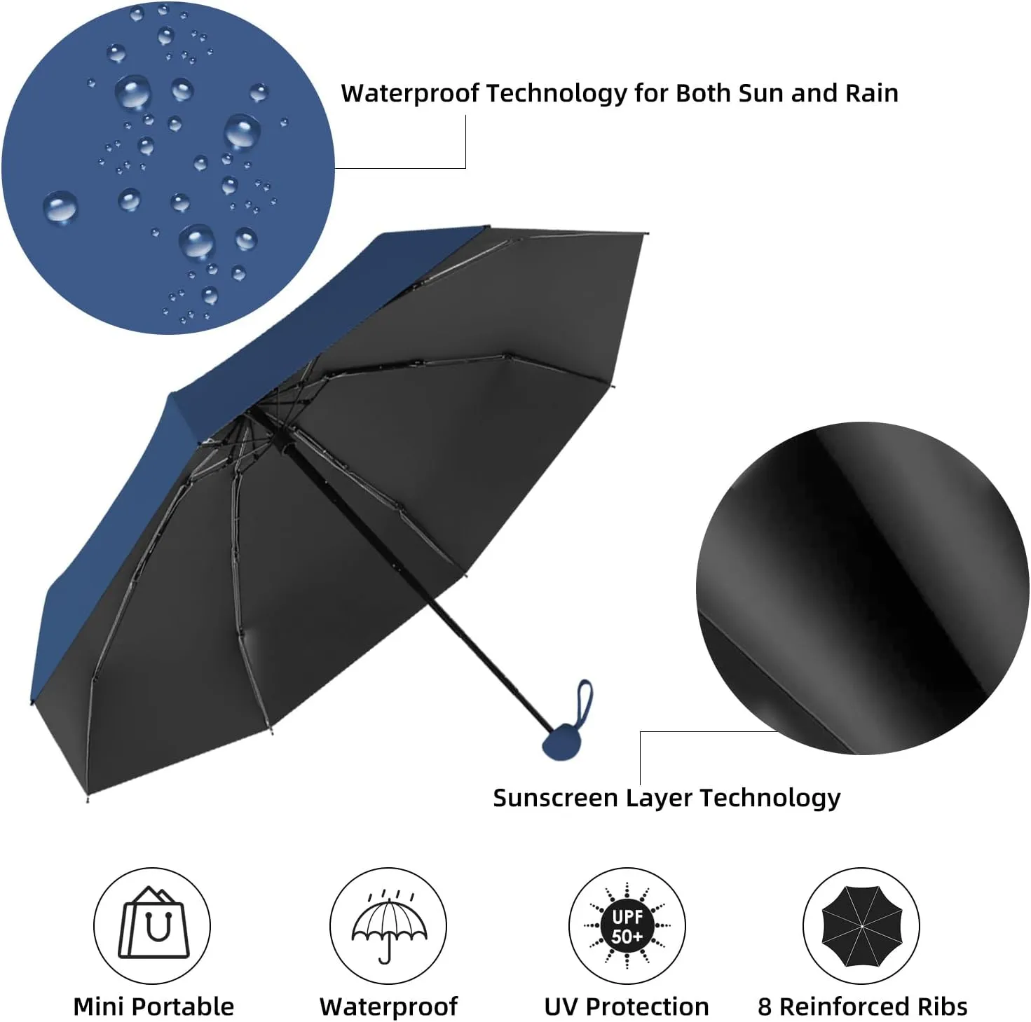 Travel Mini Folding Compact Umbrella with Case, 8 Ribs Lightweight Portable, Small Sun & Rain Pocket Umbrella for Girls and Women